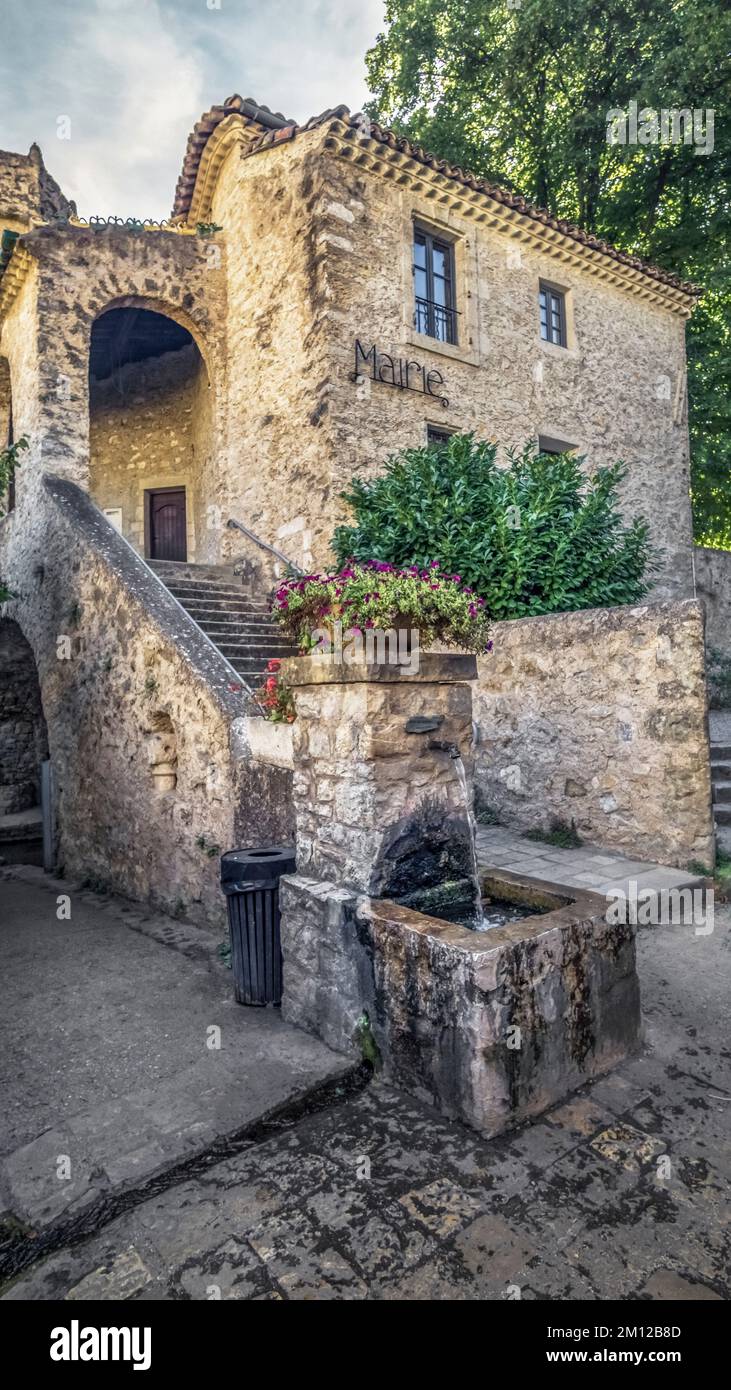 City Hall in Saint Guilhem le Désert. Part of the World Heritage Site of UNESCO 'Way of Saint James in France' awarded. The village belongs to the Plus Beaux Villages de France. Stock Photo