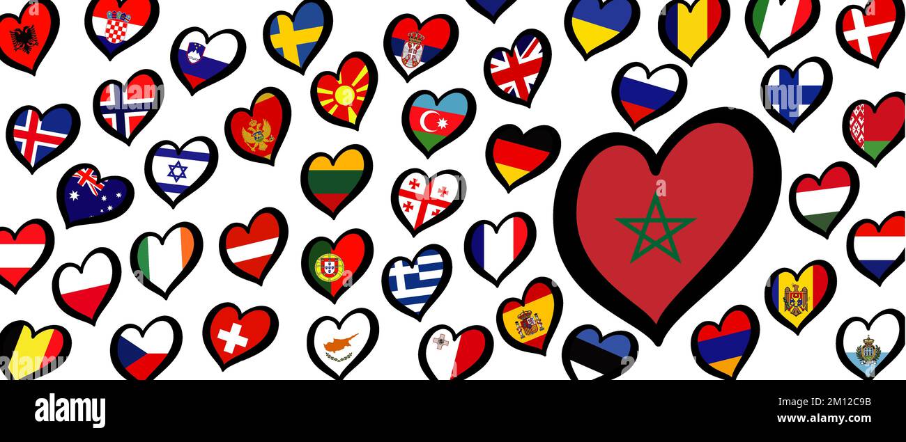 morocco flag and different countries flags with heart flags logo. For