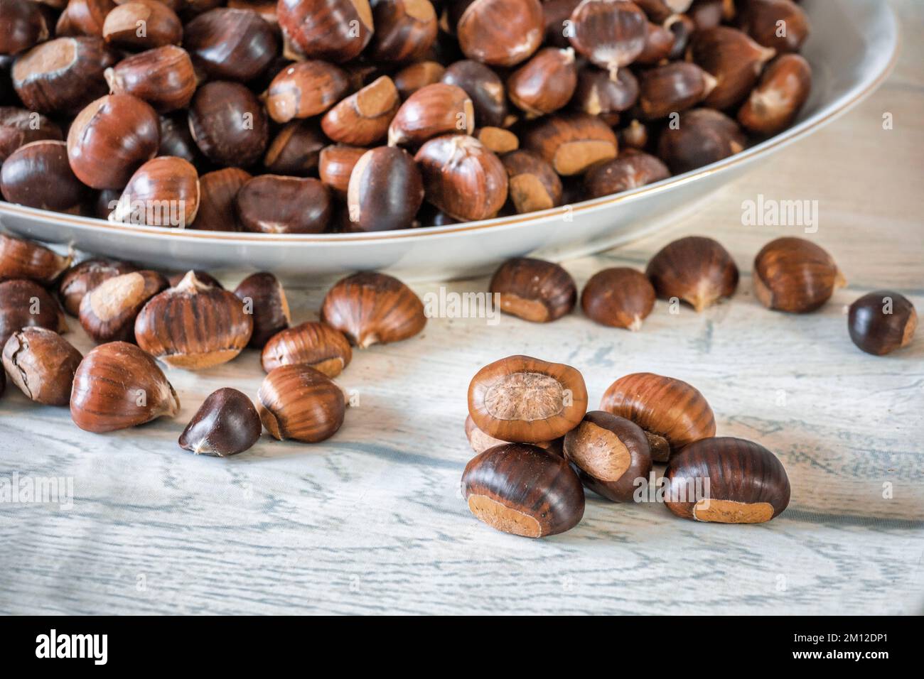 container full of freshly picked chestnuts Stock Photo