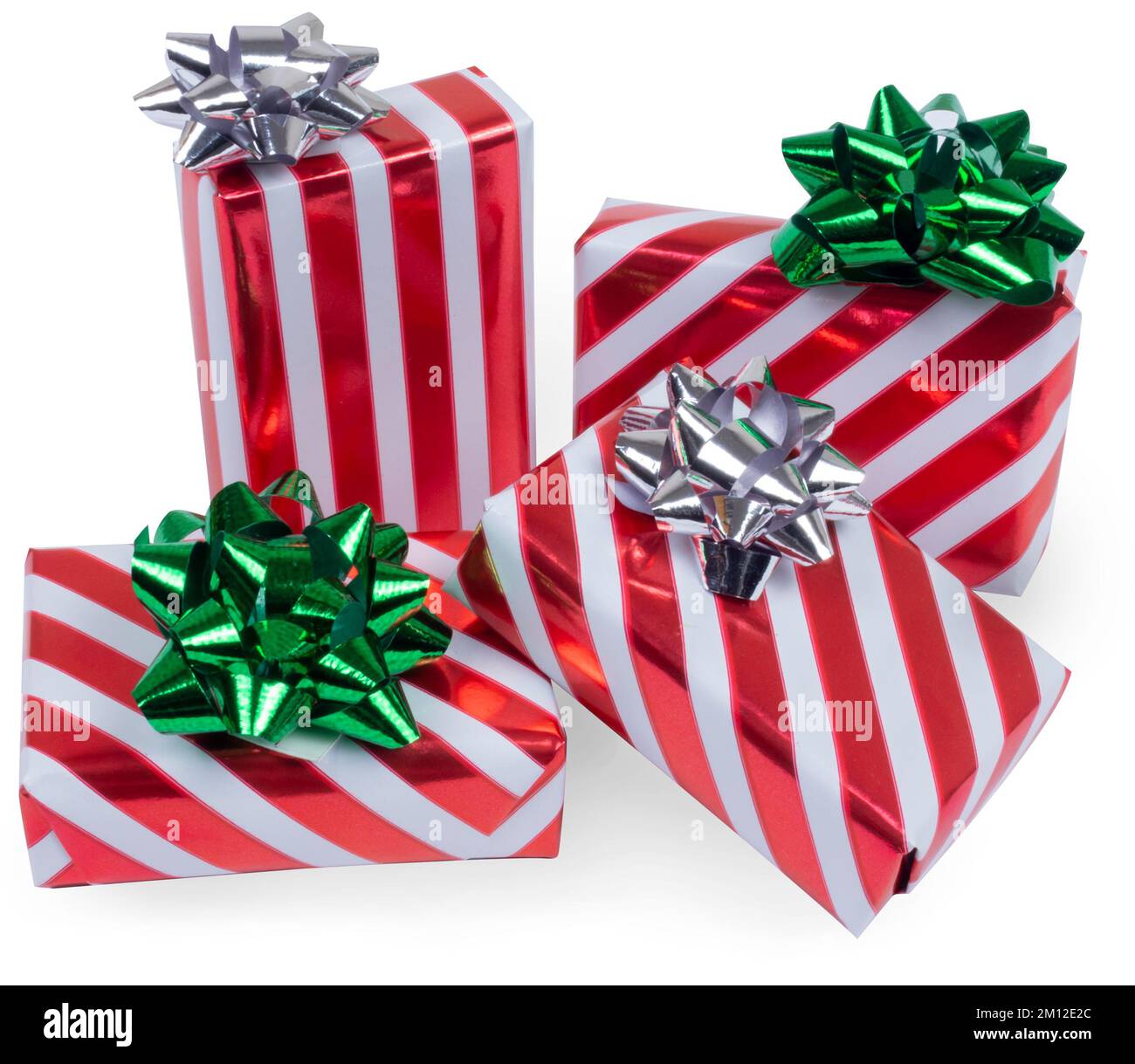 A pile of many gift boxes for chrirtmas, red and white striped wrapping ...