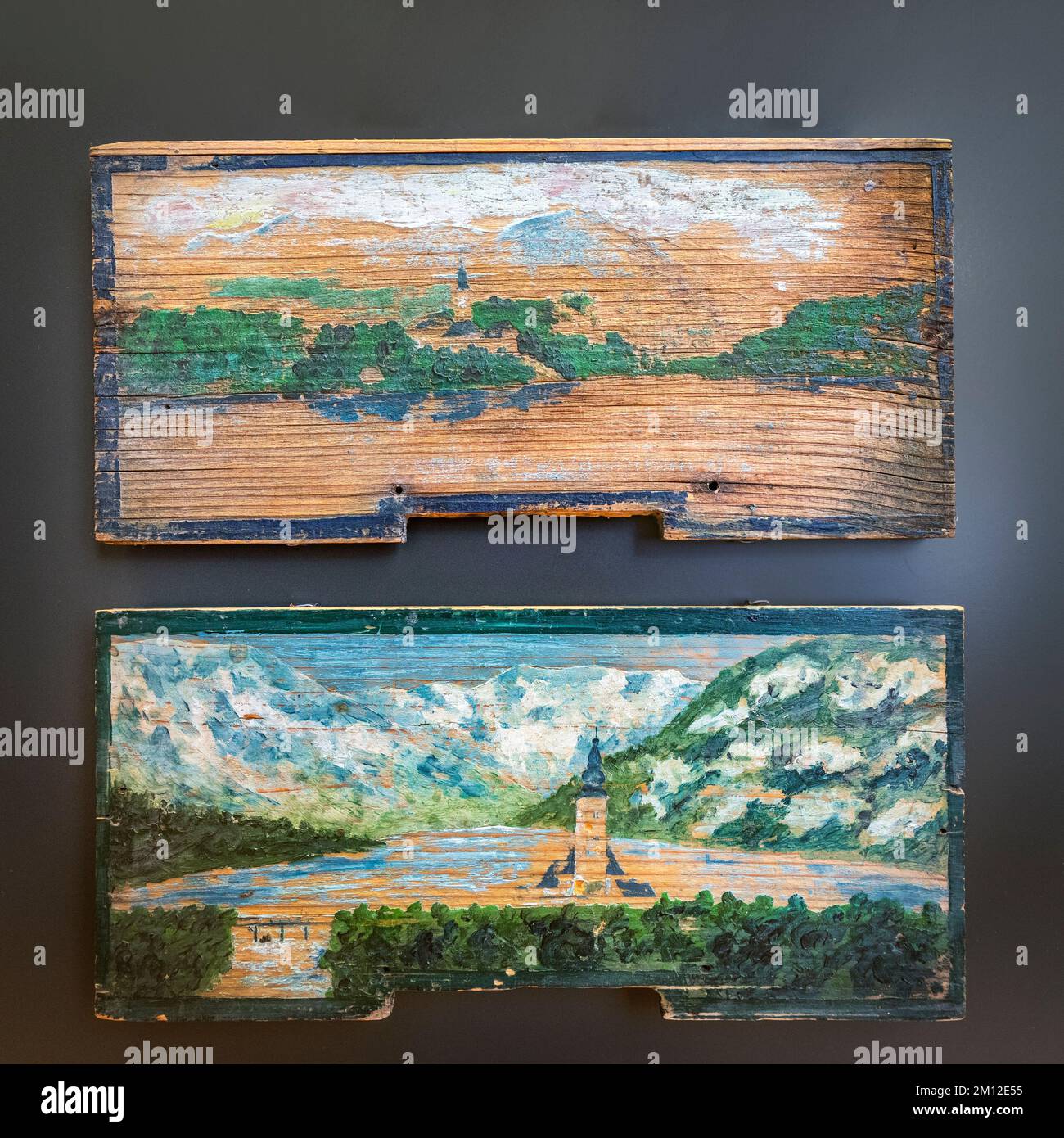 Slovenia, Upper Carniola, Radovljica, Museum of Apiculture, Painted beehive panels Stock Photo