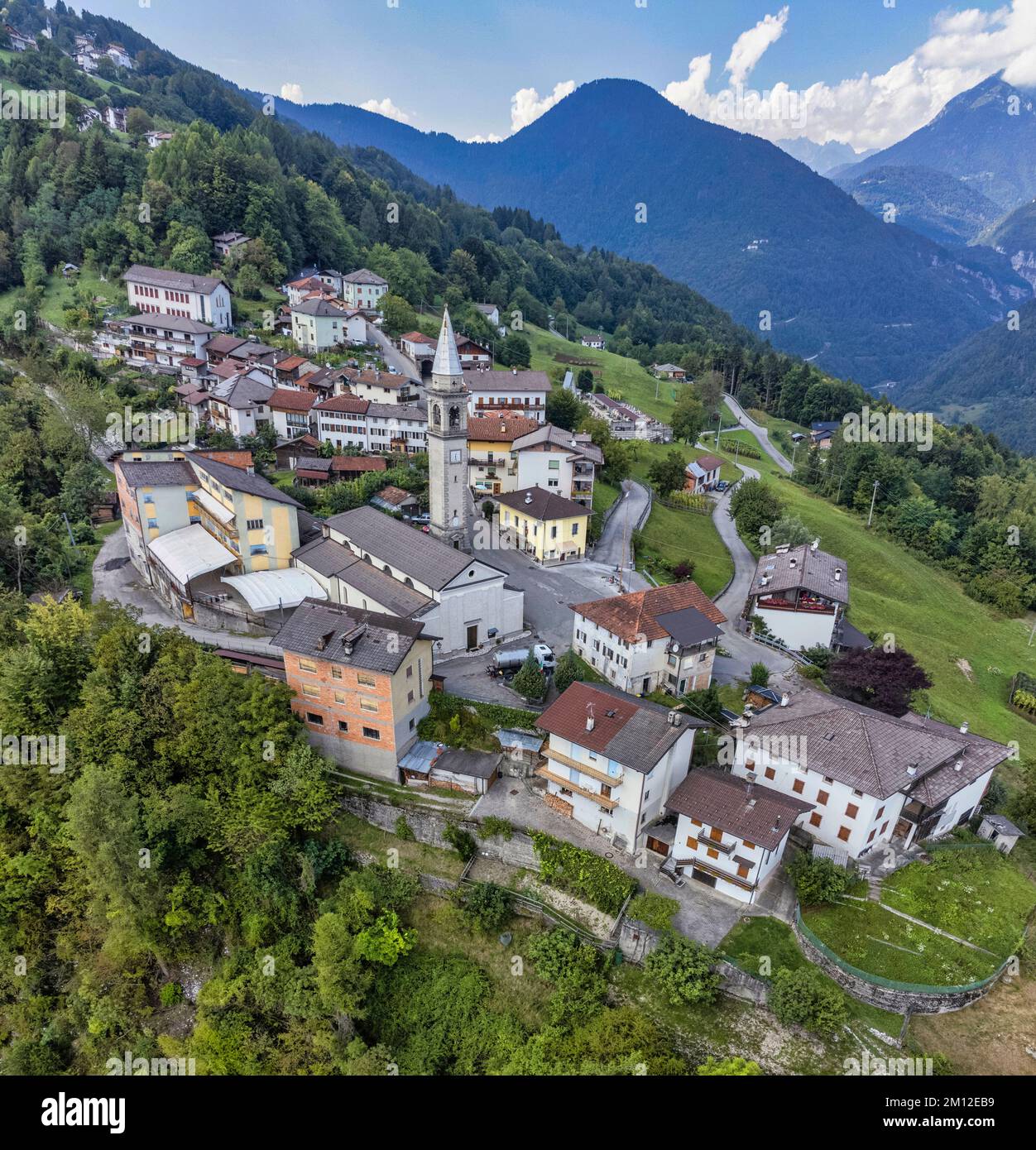 Italy, Veneto, province Belluno, elevated view of Arina, little hamlet in the municipality of Lamon Stock Photo