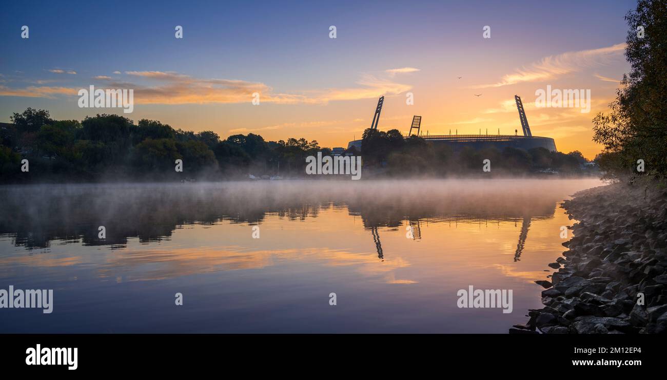 Weser stadium on a foggy autumn morning in Bremen, Germany Stock Photo