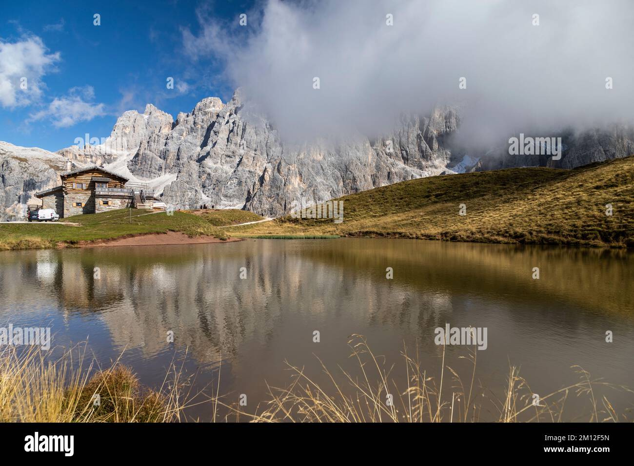 Europe, Italy, Alps, Dolomites, Mountains, Passo Rolle - Rifugio Baita Segantini Stock Photo