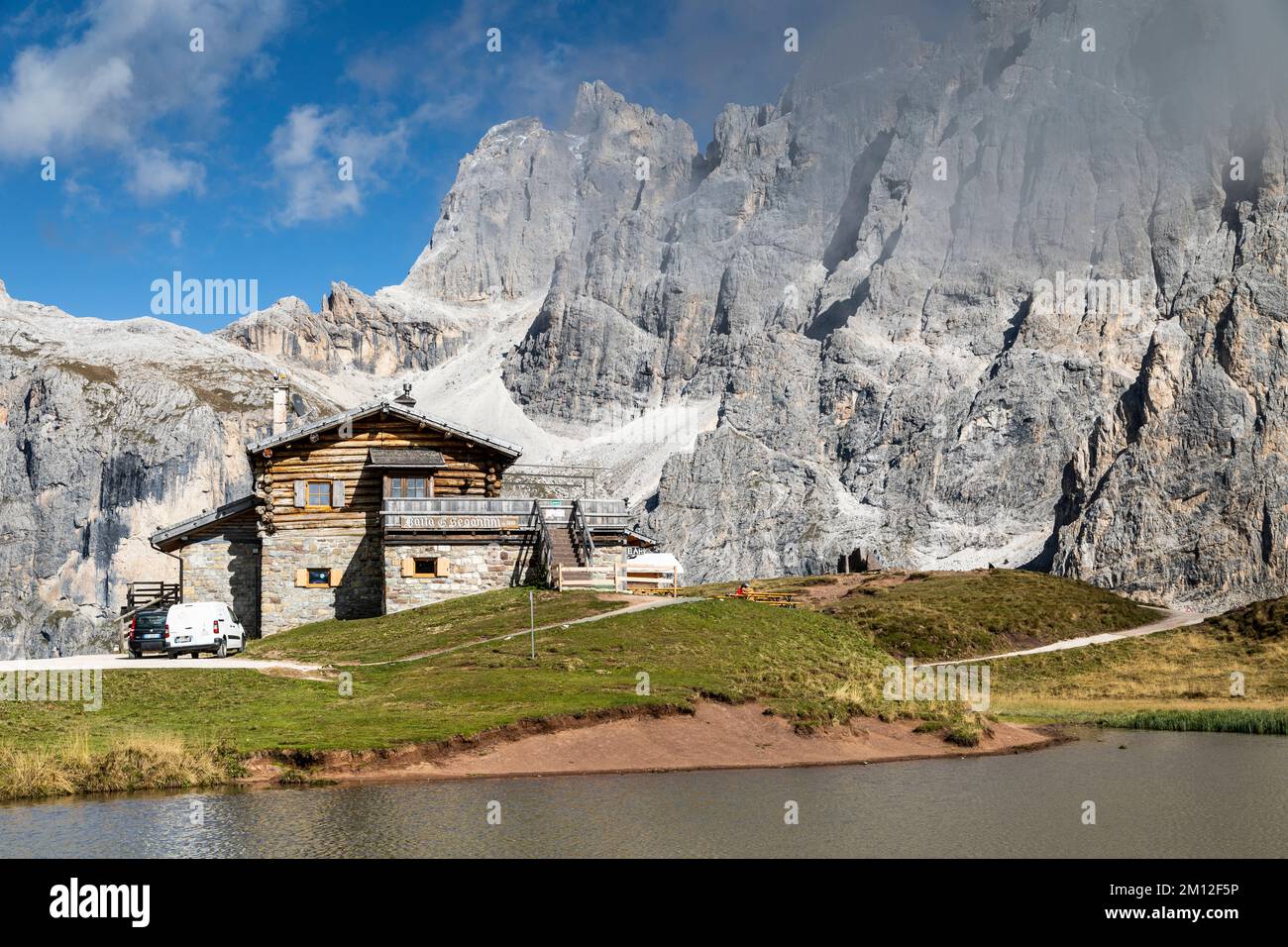Europe, Italy, Alps, Dolomites, Mountains, Passo Rolle - Rifugio Baita Segantini Stock Photo