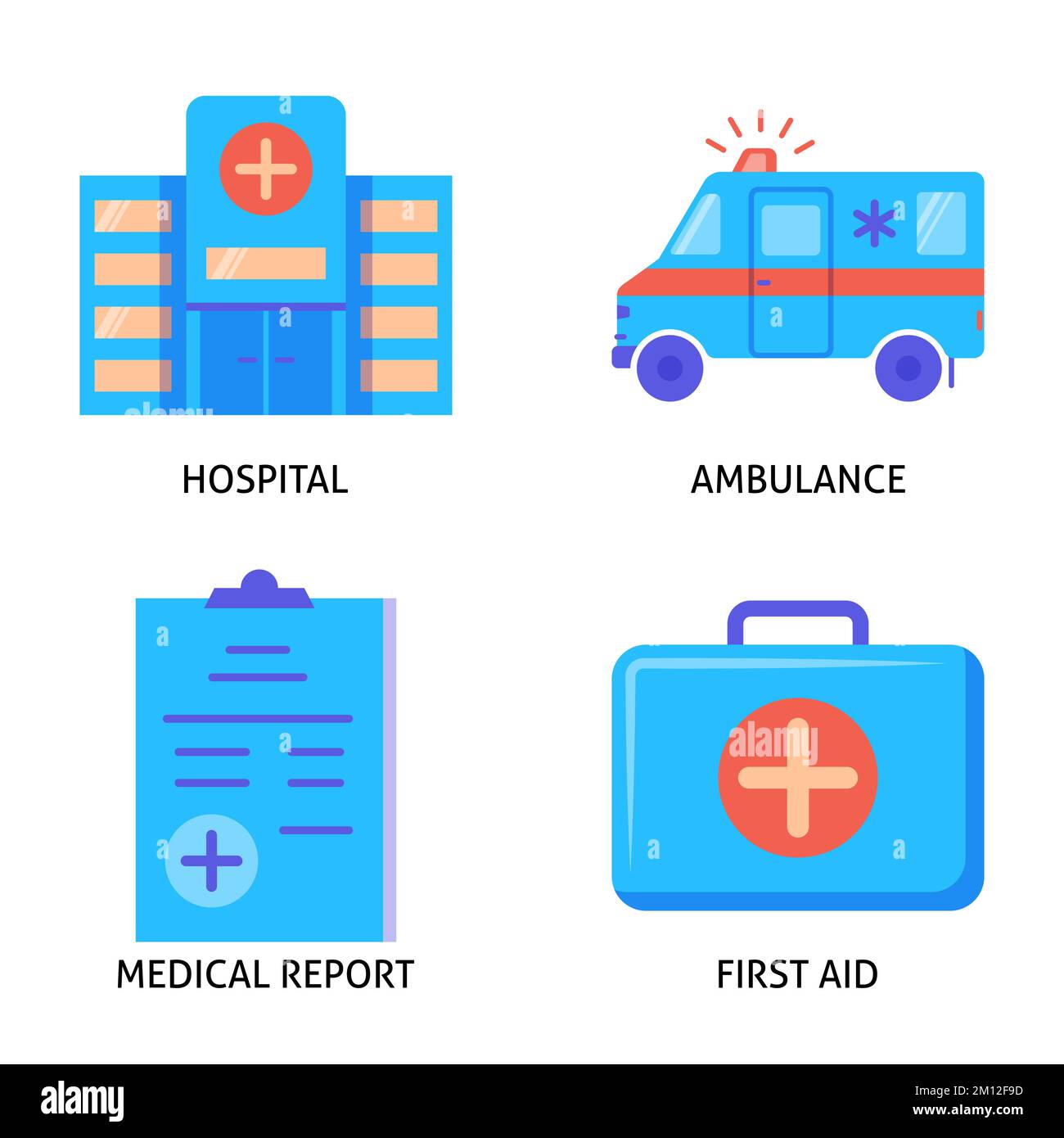 Ambulance and hospital icon set in flat style. Medical clinic, first