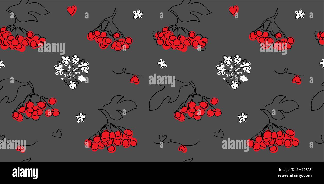 Red viburnum seamless vector pattern. Berries and bloom. Ukrainian