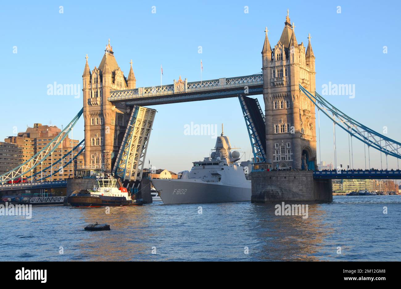 Royal Netherlands Navy warship HNLMS De Zeven Provinciën paid a visit to the Upper Pool of London mooring alongside WWII veteran HMS Belfast. Stock Photo