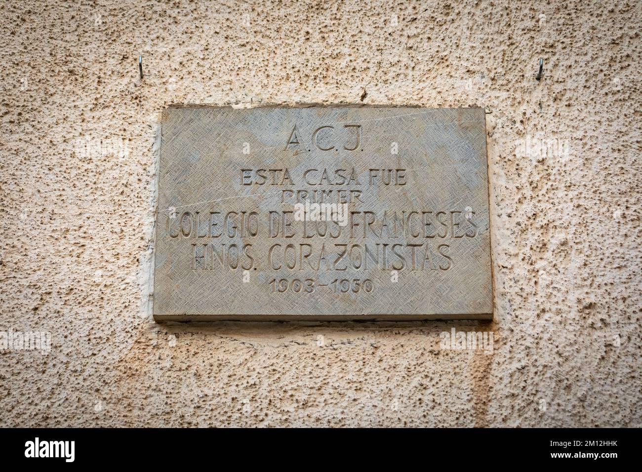 Colegio de los Franceses Hnos. Corazonistas steet sign. Jaca, Jacetania, Huesca, Aragón, Spain. Stock Photo