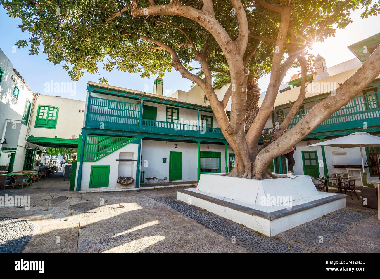 Picturesque white and green settlement called Pueblo Marinero designed by Cesar Manrique located in Costa Teguise, Lanzarote, Canary Island, Spain, Eu Stock Photo