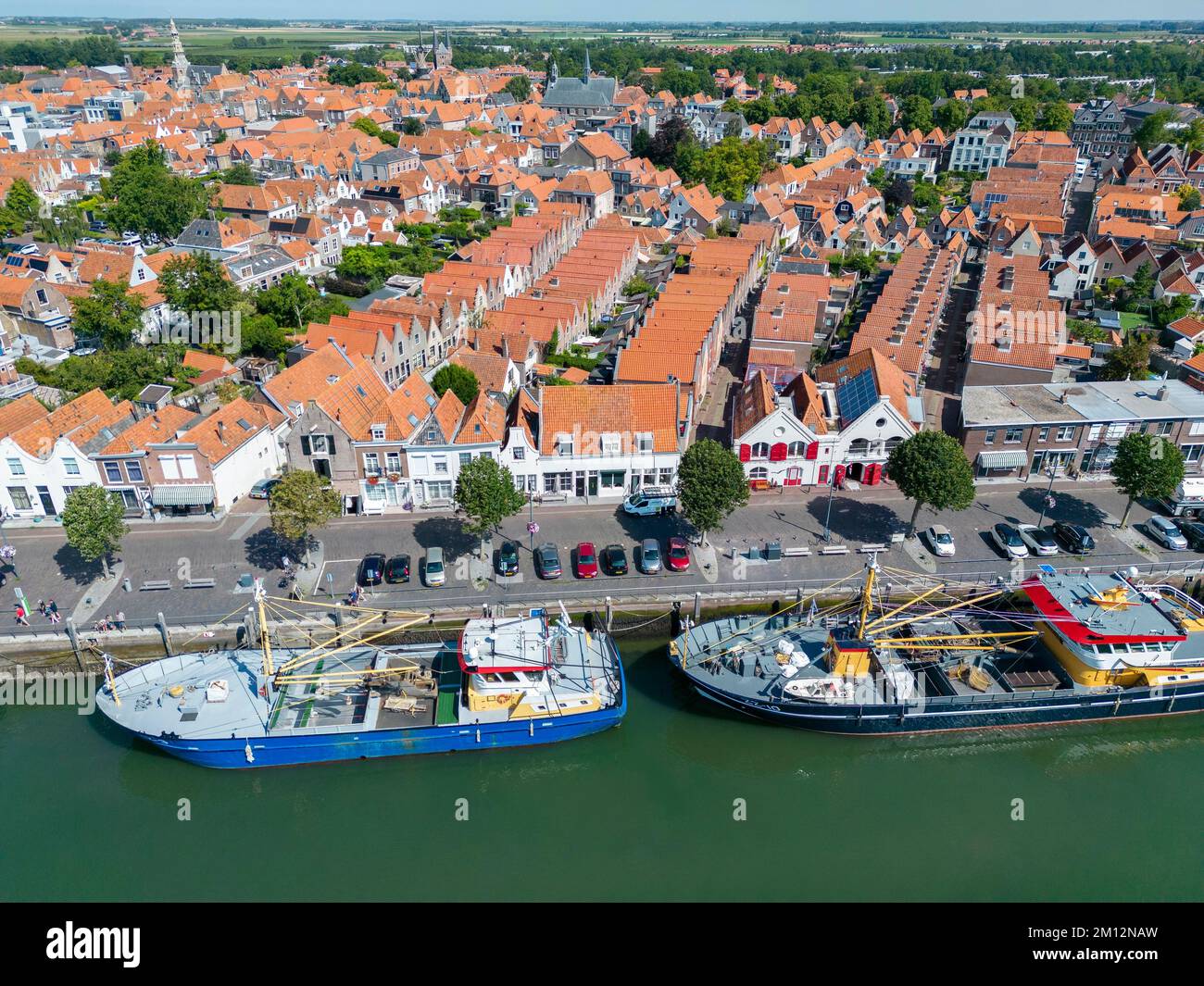 Aerial view, city view and trawler at the quay Nieuwe Haven, Zierikzee