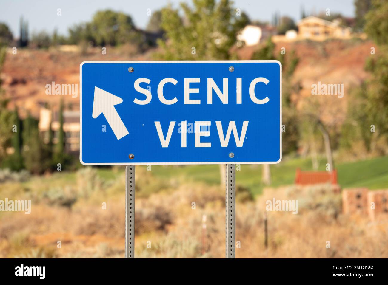 A closeup shot of a metal scenic view sign on a road in Page, Arizona Stock Photo