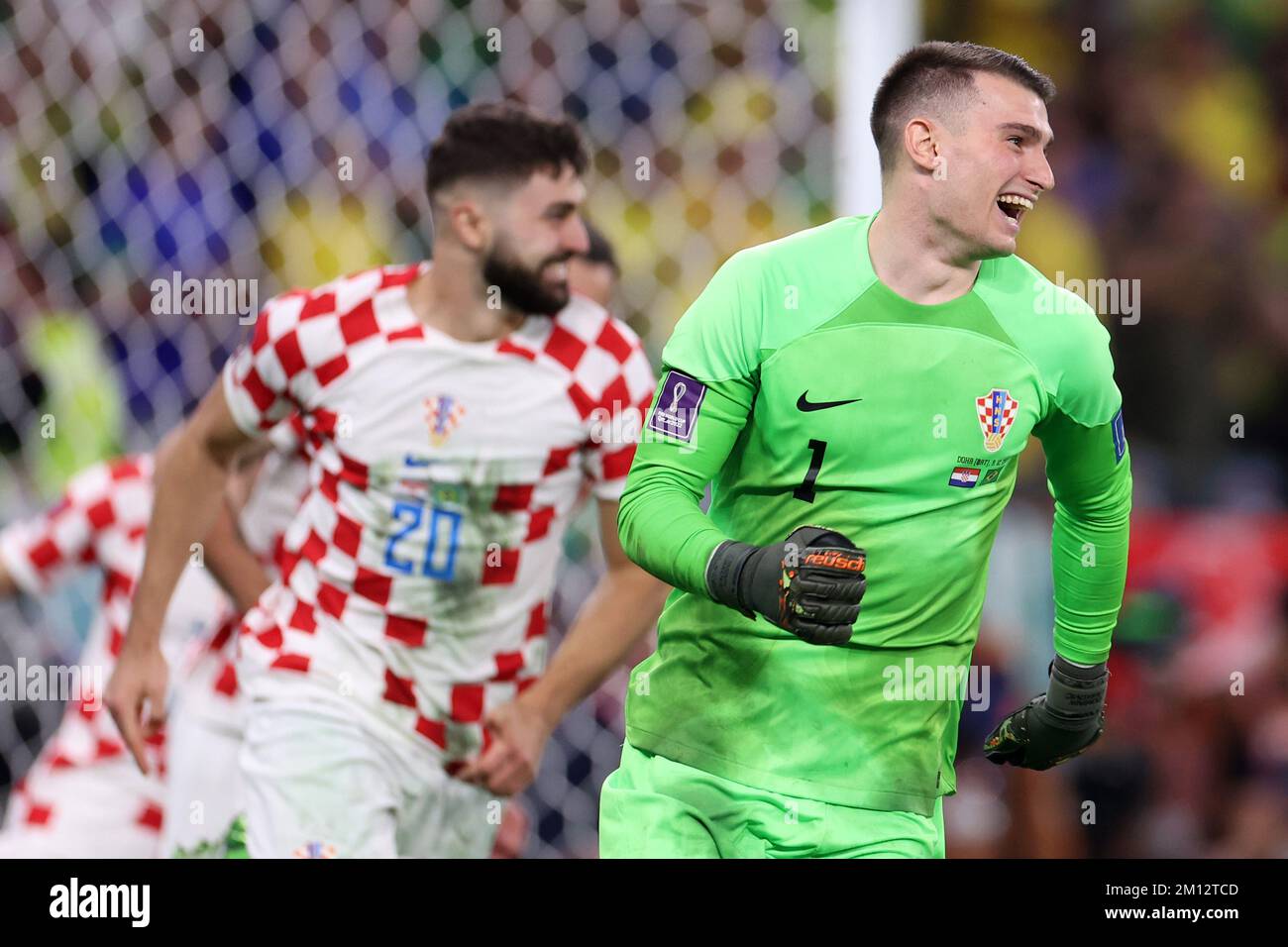 AL RAYYAN, QATAR - DECEMBER 09:  Croatian football team celebrating after winning the FIFA World Cup Qatar 2022 quarter final match between Croatia and Brazil at Education City Stadium on December 9, 2022 in Al Rayyan, Qatar. In the picture: Dominik Livakovic. Photo: Igor Kralj/PIXSELL Stock Photo