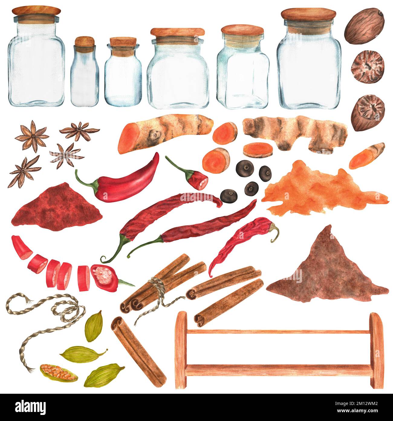 Watercolor spices set. Cinnamon, turmeric, nutmeg, chili, paprika