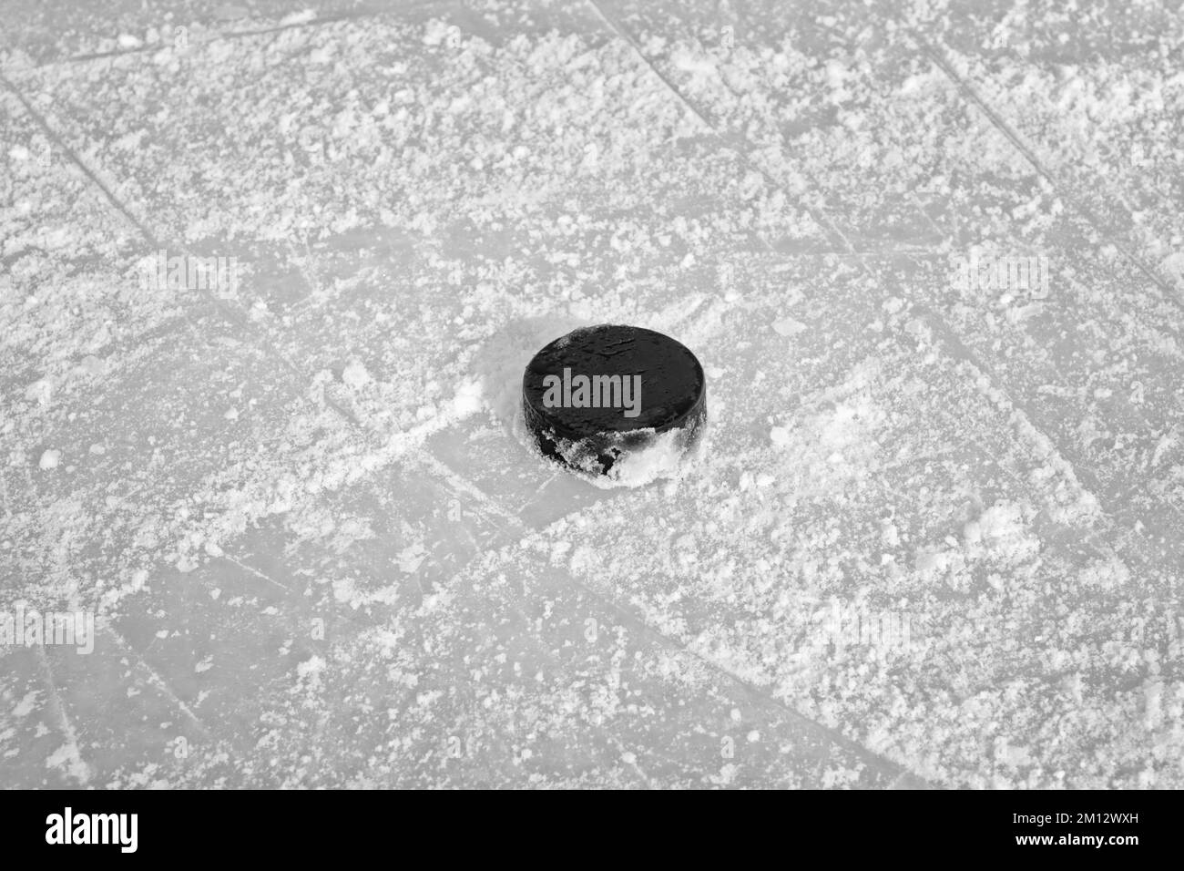 Black hockey puck on ice rink Stock Photo - Alamy