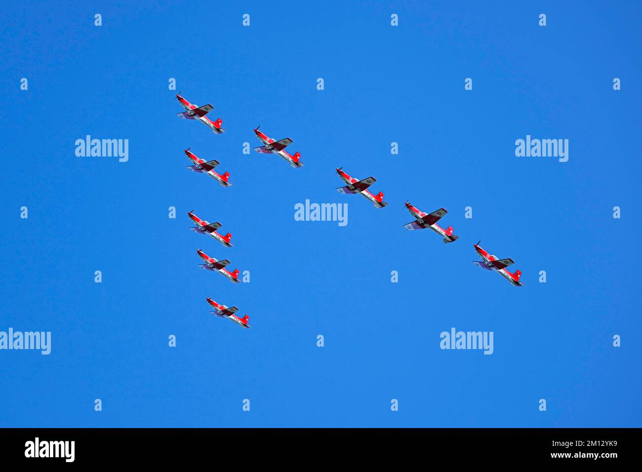 Formation flight of the Patrouille Suisse with the PC-7 team, Zugerseefest 2022, Canton Zug Stock Photo