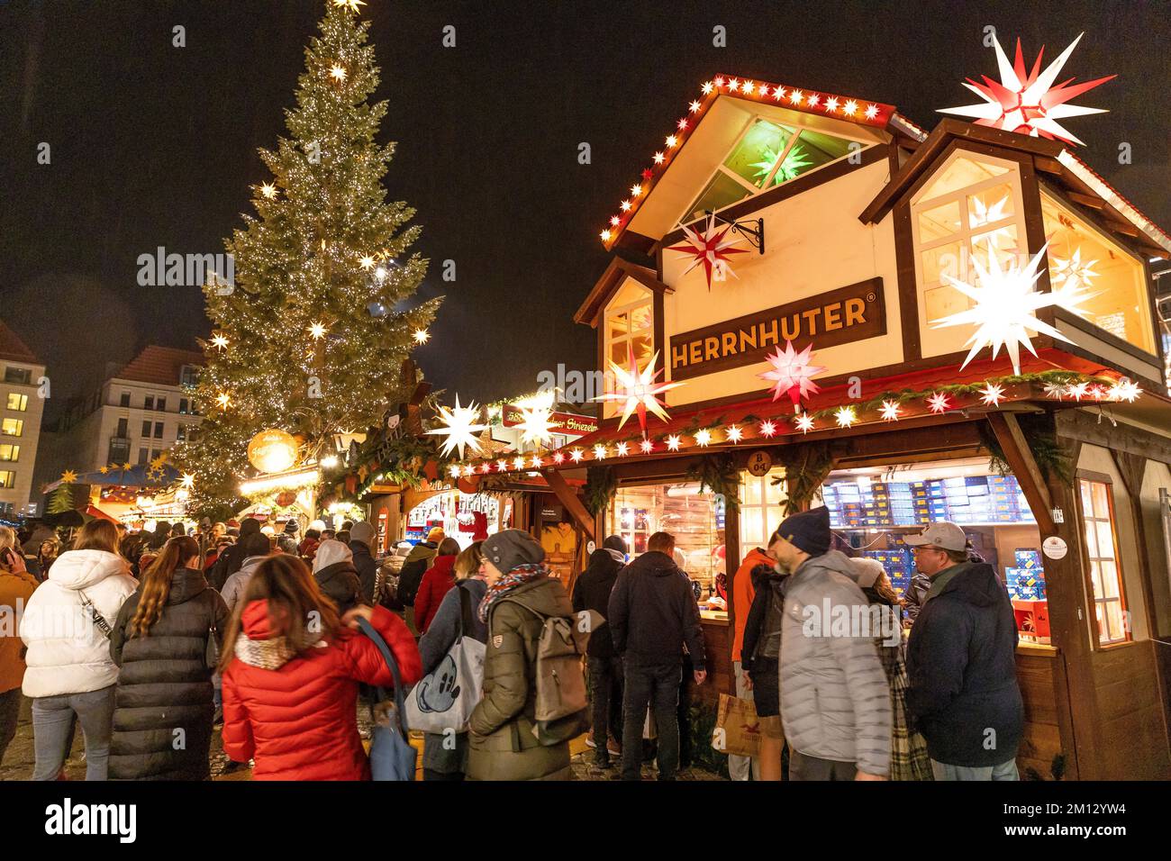 Dresdner Christmasmarkets in Winter 2022, illuminated during the night. Stock Photo