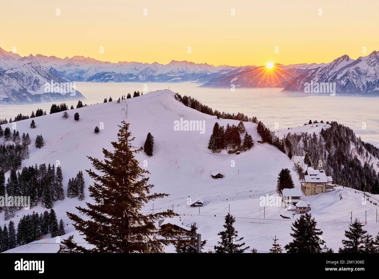 Winter landscape, sunset from Rigi Kulm with view of Rigi Staffel and ...