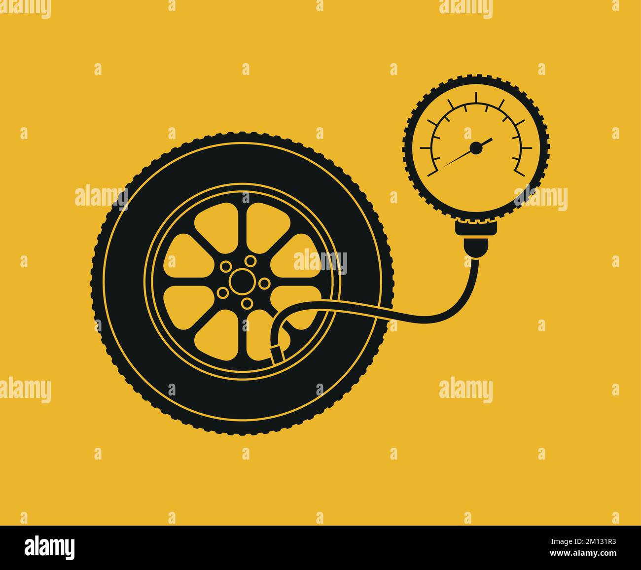 Tire fitting. Pump, car wheel and tire pressure gauge in flat design. Vector stock illustration. Eps 10 Stock Vector