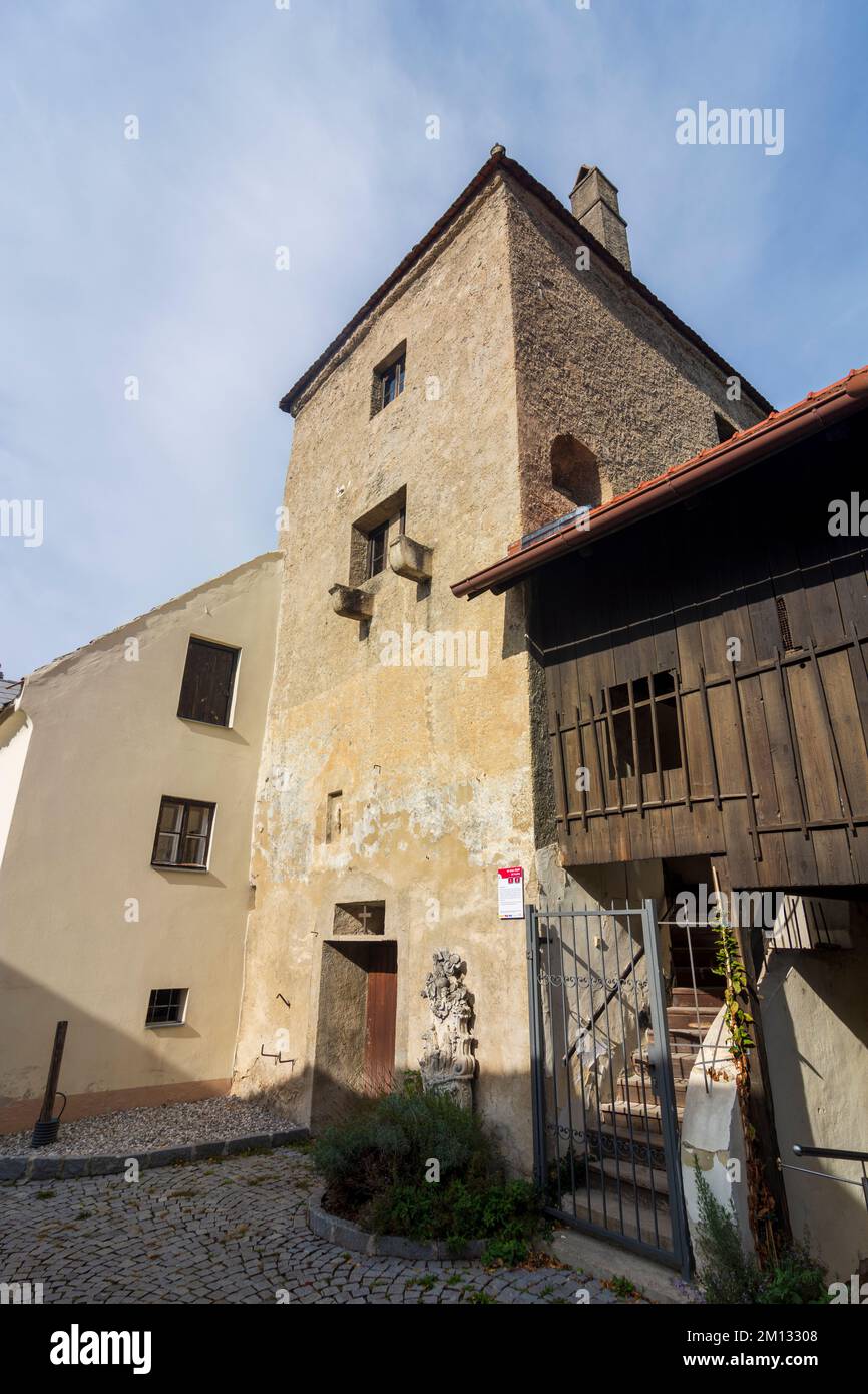 Traismauer, tower Hungerturm in Donau, Lower Austria, Austria Stock Photo