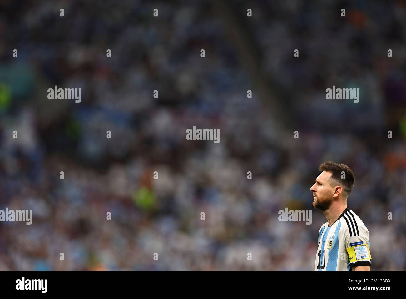 Lusail, Qatar. 9th Dec, 2022. Lionel Messi of Argentina looks on during the Quarterfinal between the Netherlands and Argentina of the 2022 FIFA World Cup at Lusail Stadium in Lusail, Qatar, Dec. 9, 2022. Credit: Ding Xu/Xinhua/Alamy Live News Stock Photo