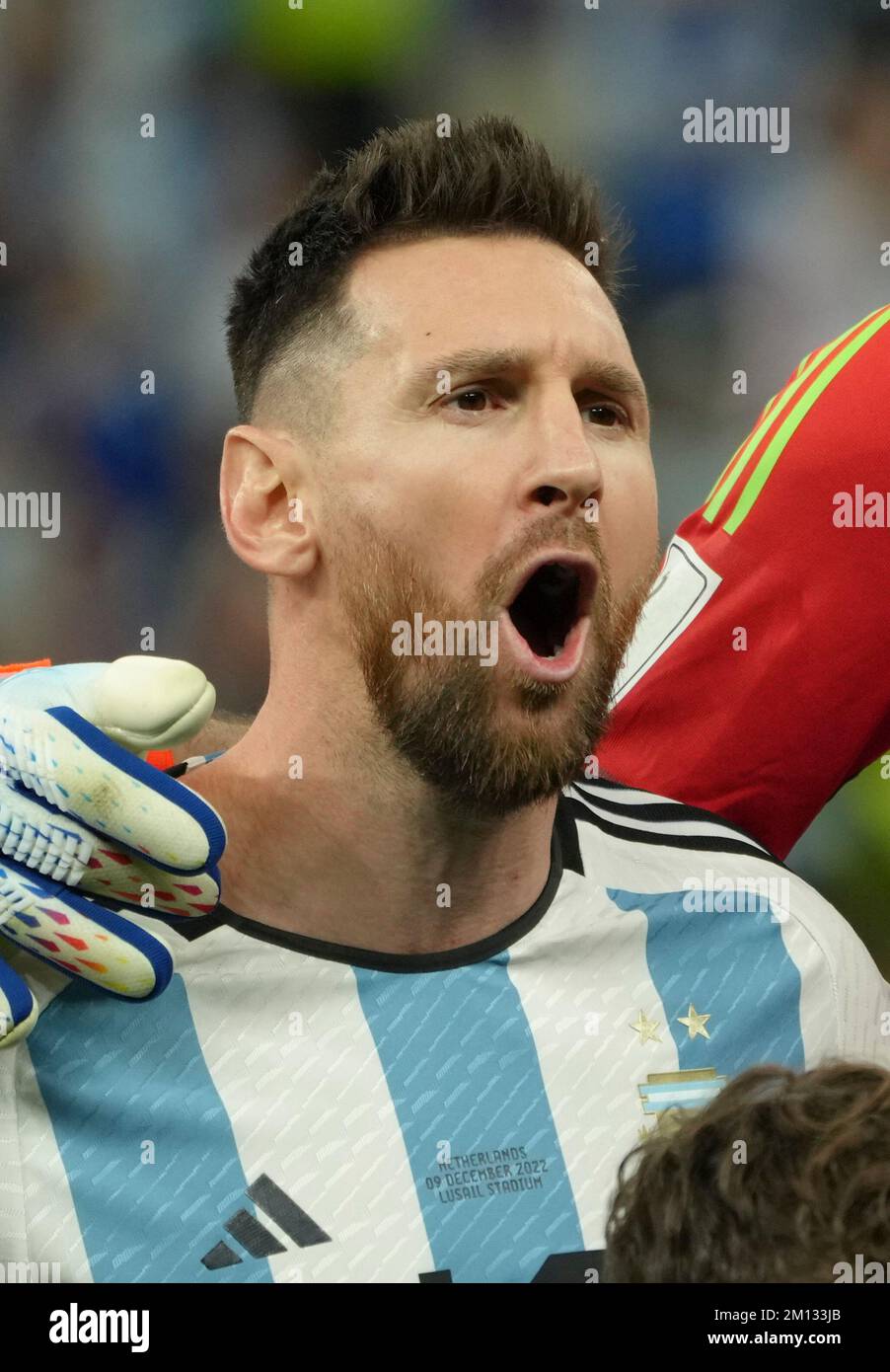 Lusail, Qatar. 9th Dec, 2022. Lionel Messi of Argentina reacts during the national anthem prior to the Quarterfinal between the Netherlands and Argentina of the 2022 FIFA World Cup at Lusail Stadium in Lusail, Qatar, Dec. 9, 2022. Credit: Ding Xu/Xinhua/Alamy Live News Stock Photo