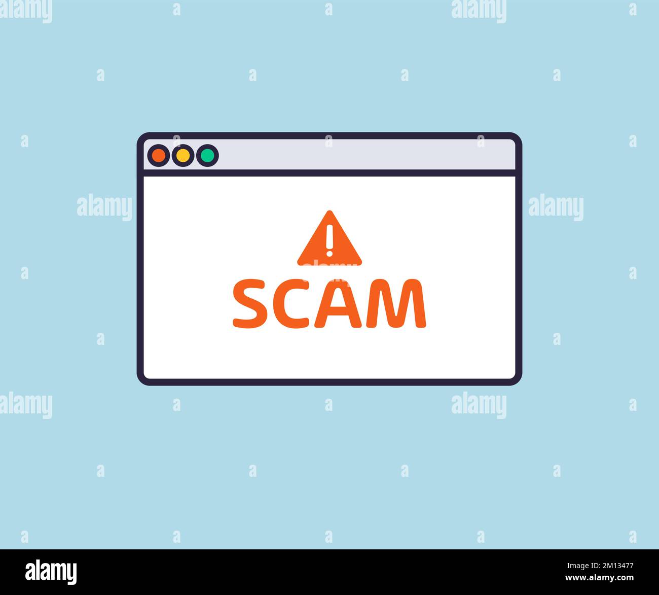 Scam alert, System error, broken page on browser window logo design. Notification message on device screen. Data phishing hacking online scam concept. Stock Vector