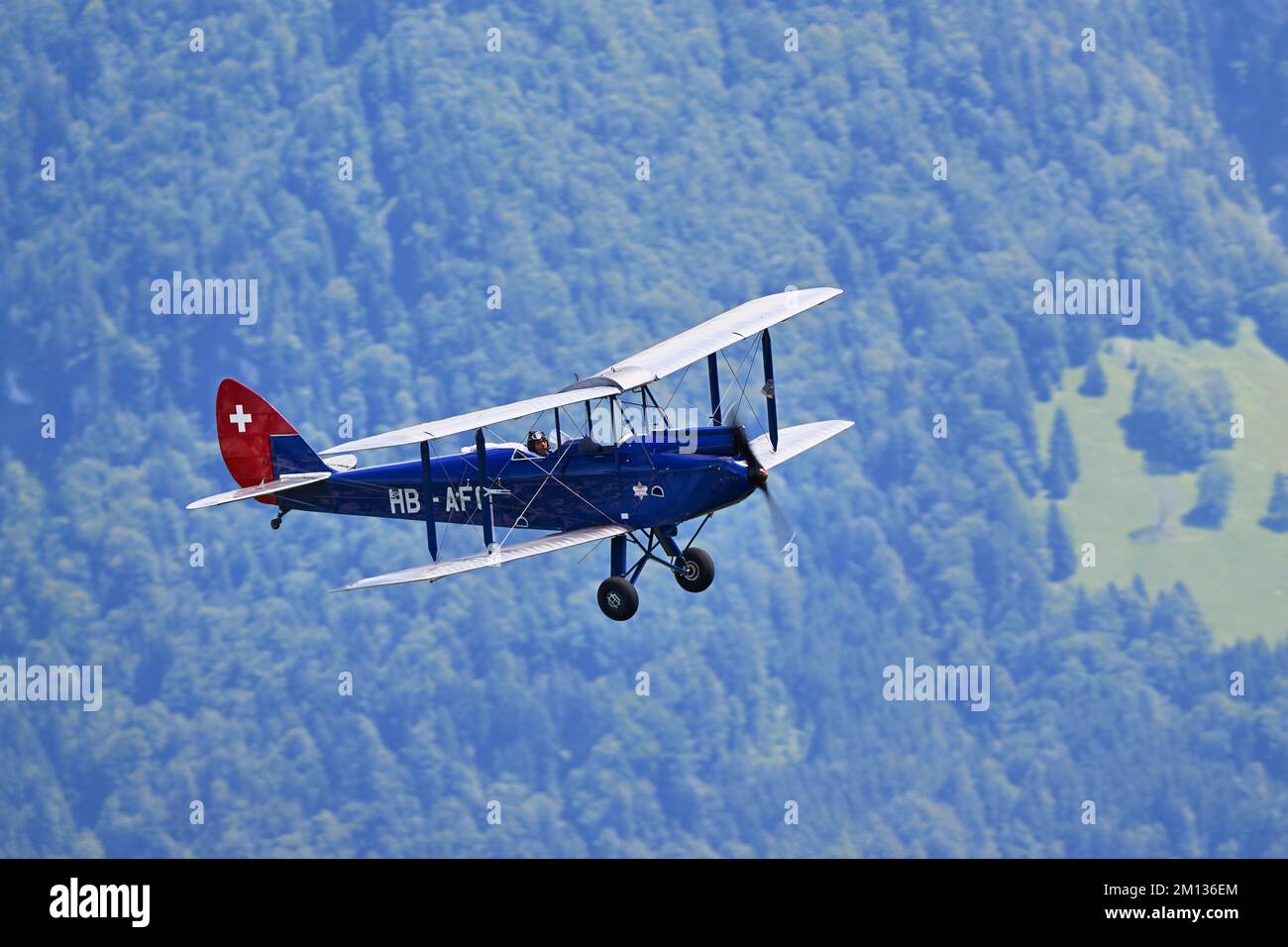 Vintage aircraft De Havilland Gipsy Moth (HB-AFO), in flight, Stanserhorn, Canton Nidwalden, Switzerland, Europe Stock Photo