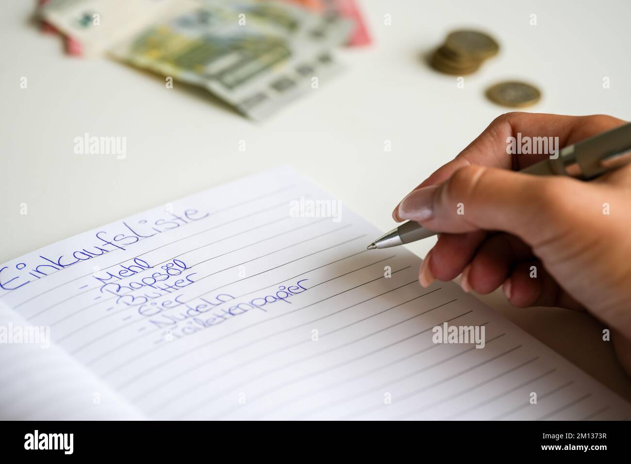 A Closeup View Of A Female Writing A Shopping List In German With Her a-closeup-view-of-a-female-writing-a-shopping-list-in-german-with-her