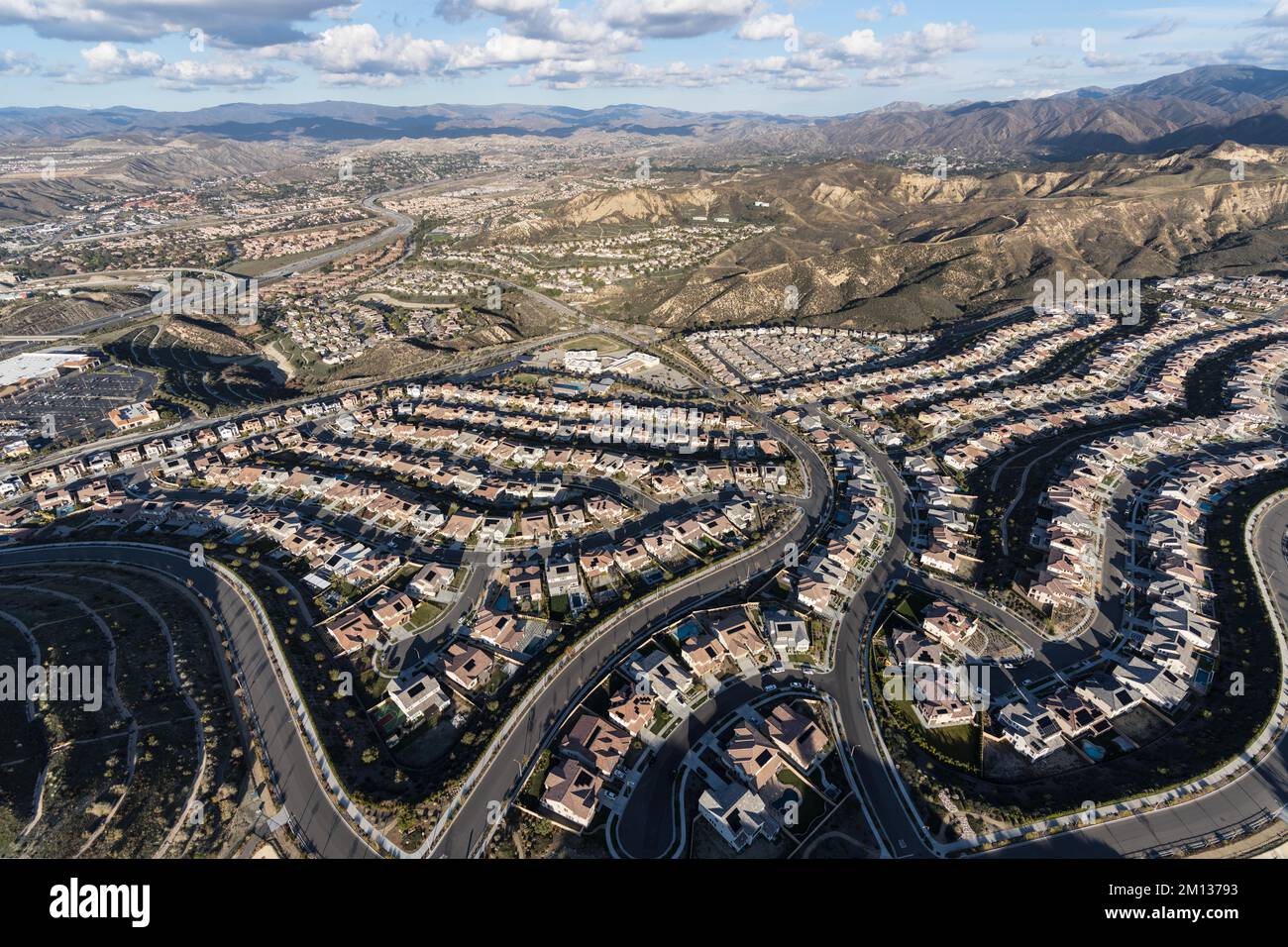 Aerial view of suburban sprawl in the Santa Clarita community of Los Angeles County, California. Stock Photo