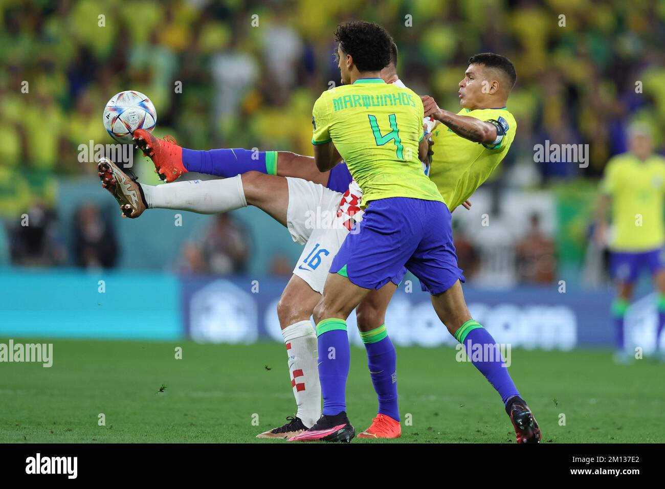 Doha, Qatar. 09th Dec, 2022. Thiago Silva and Marquinhos Brazil player during a match against Bruno Petković Croatia Player valid for the quarterfinals of the FIFA World Cup in Qatar at Education City Stadium in Doha, Qatar. December 9, 2022 Photo:William Volcov Credit: Brazil Photo Press/Alamy Live News Stock Photo
