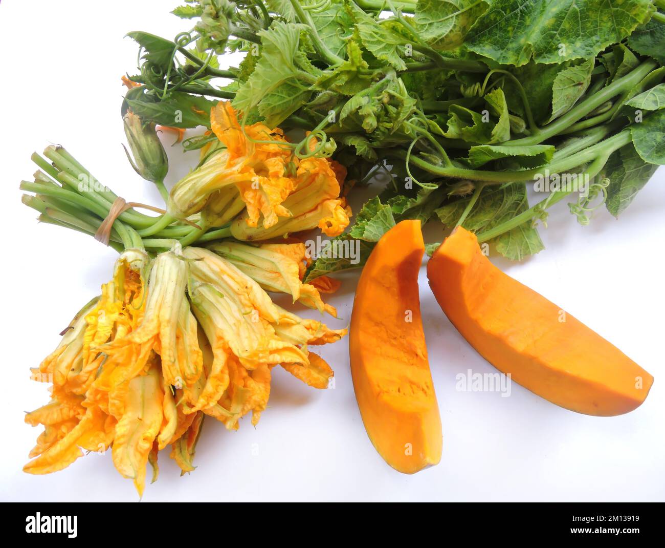 Edible parts of pumpkin plant including fleshy shell leaves and
