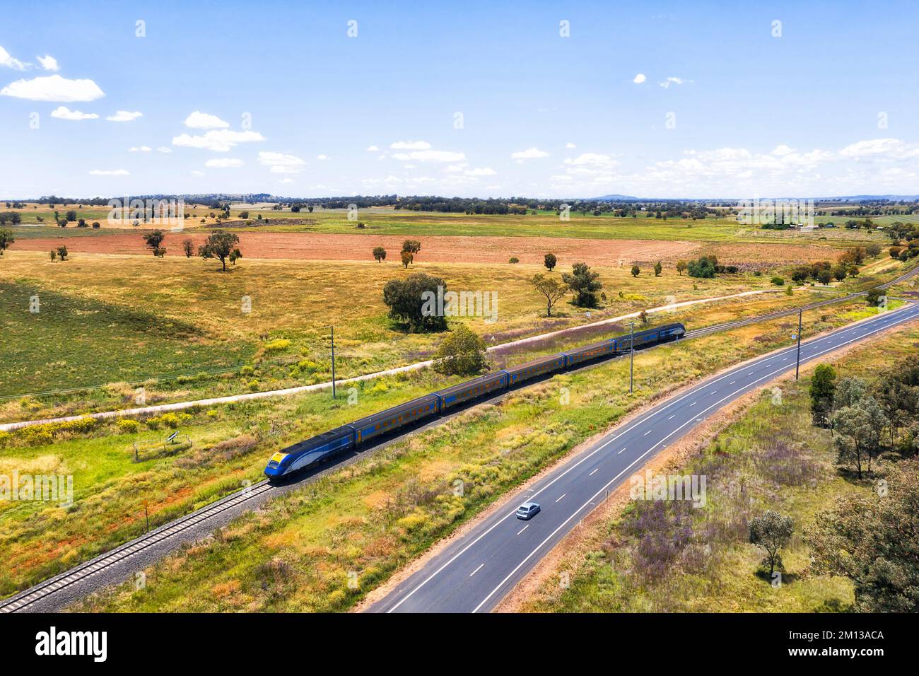 Aerial passenger Train in central west at Dubbo close above the