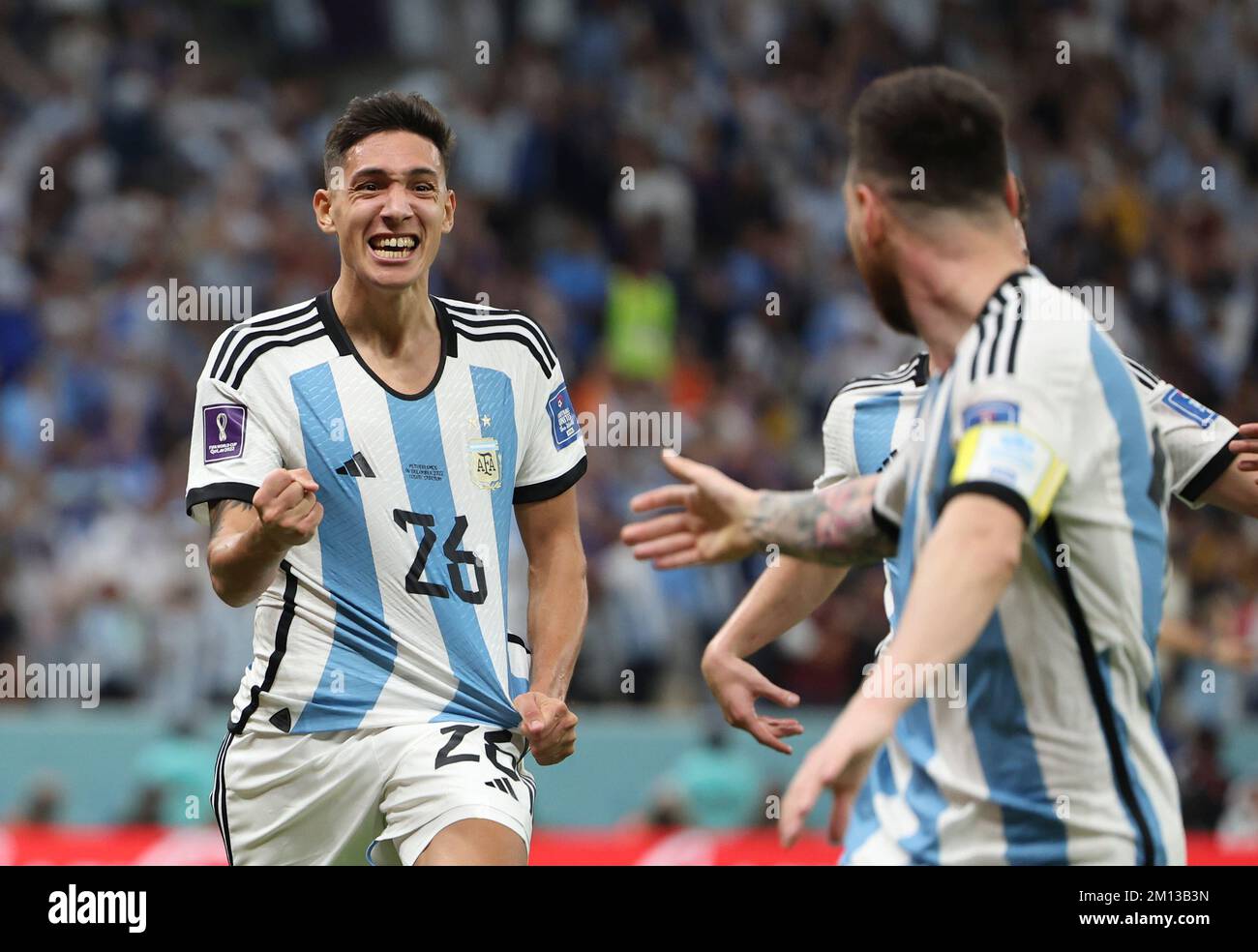 Lusail, Qatar. 9th Dec, 2022. Nahuel Molina (L) of Argentina celebrates