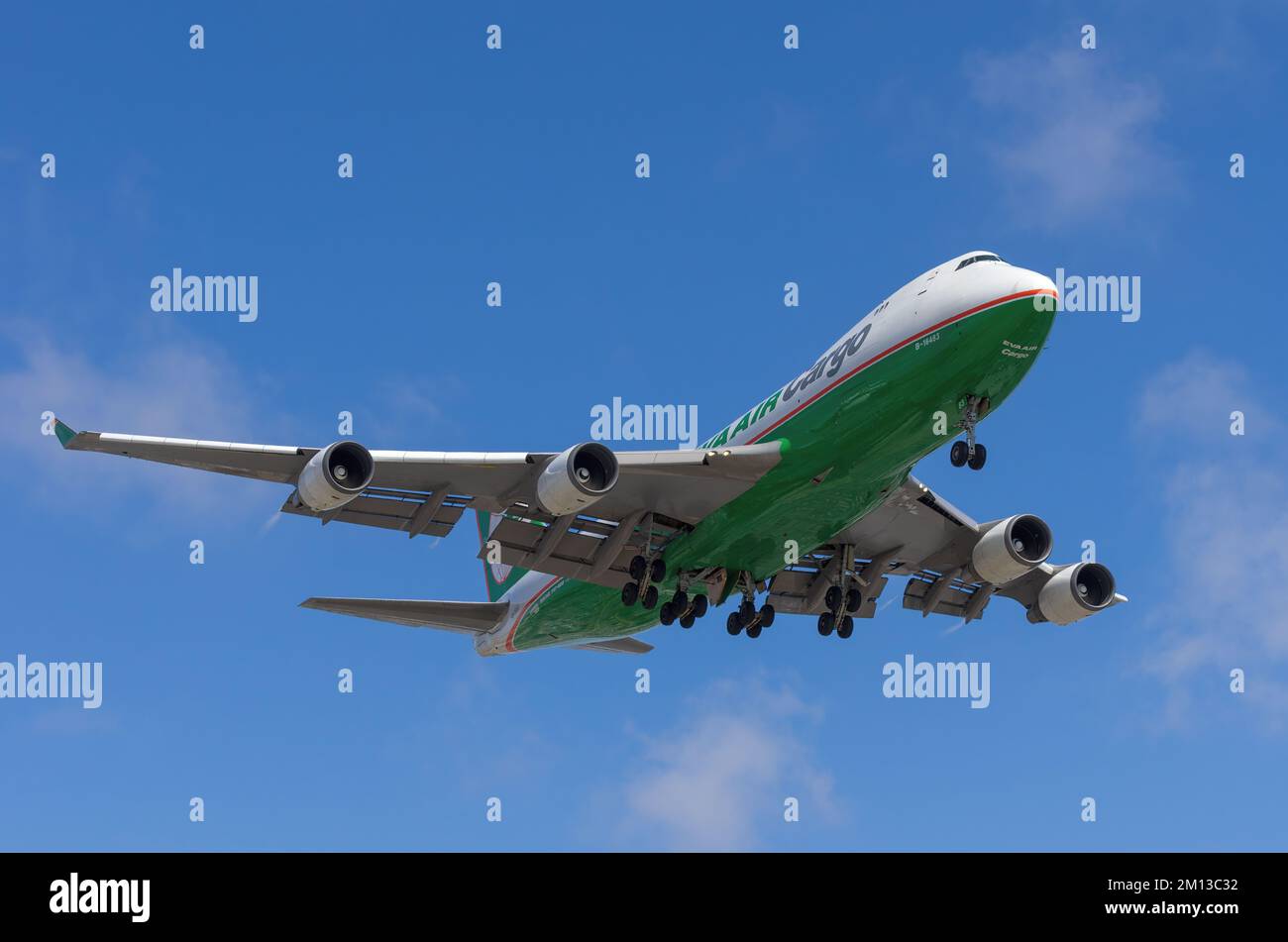 Los Angeles, California, United States - June 5, 2015: EVA Air Cargo Boeing 747-400 shown about to land at LAX, Los Angeles International Airport. Stock Photo