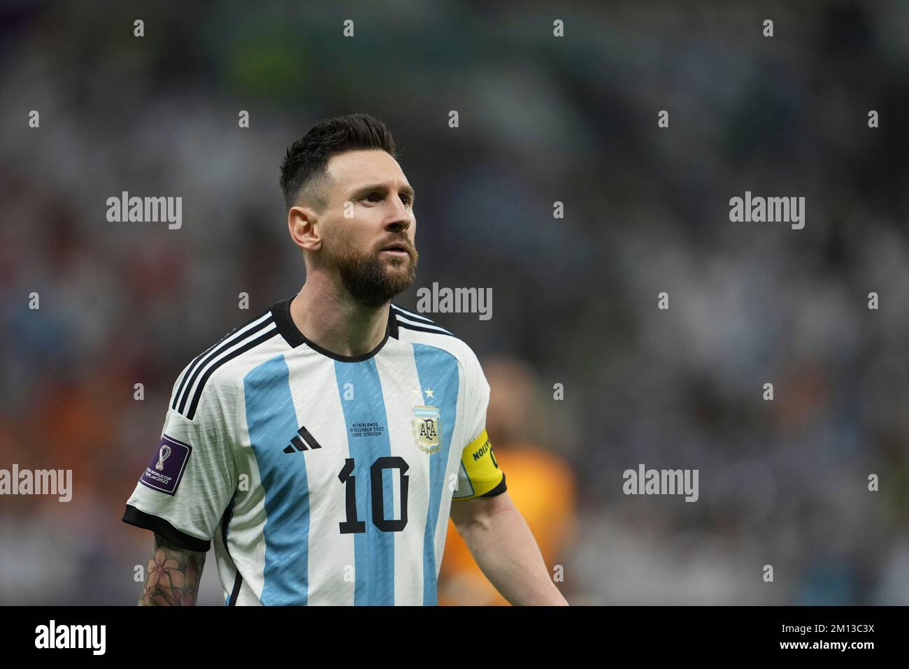 Lusail, Qatar. 9th Dec, 2022. Lionel Messi of Argentina looks on during the Quarterfinal between the Netherlands and Argentina of the 2022 FIFA World Cup at Lusail Stadium in Lusail, Qatar, Dec. 9, 2022. Credit: Zheng Huansong/Xinhua/Alamy Live News Stock Photo