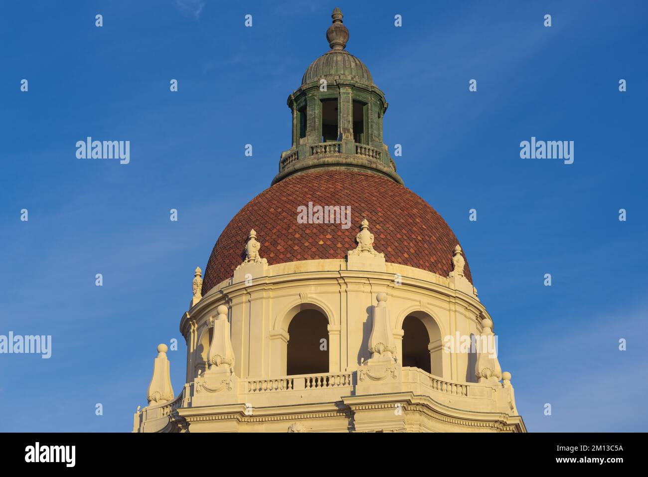 Dome of the Pasadena City Hall main tower shown against a blue sky. Pasadena is located in Los Angeles County. Stock Photo