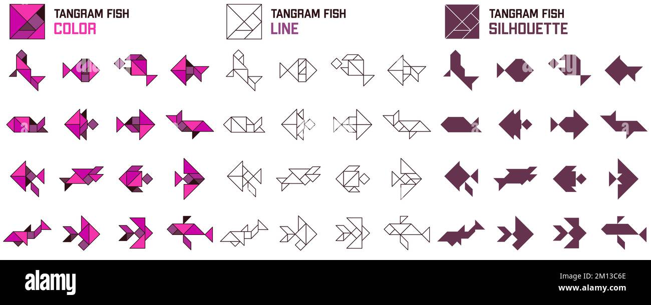 Tangram puzzle for kids. Set of tangram Fish. Stock Vector