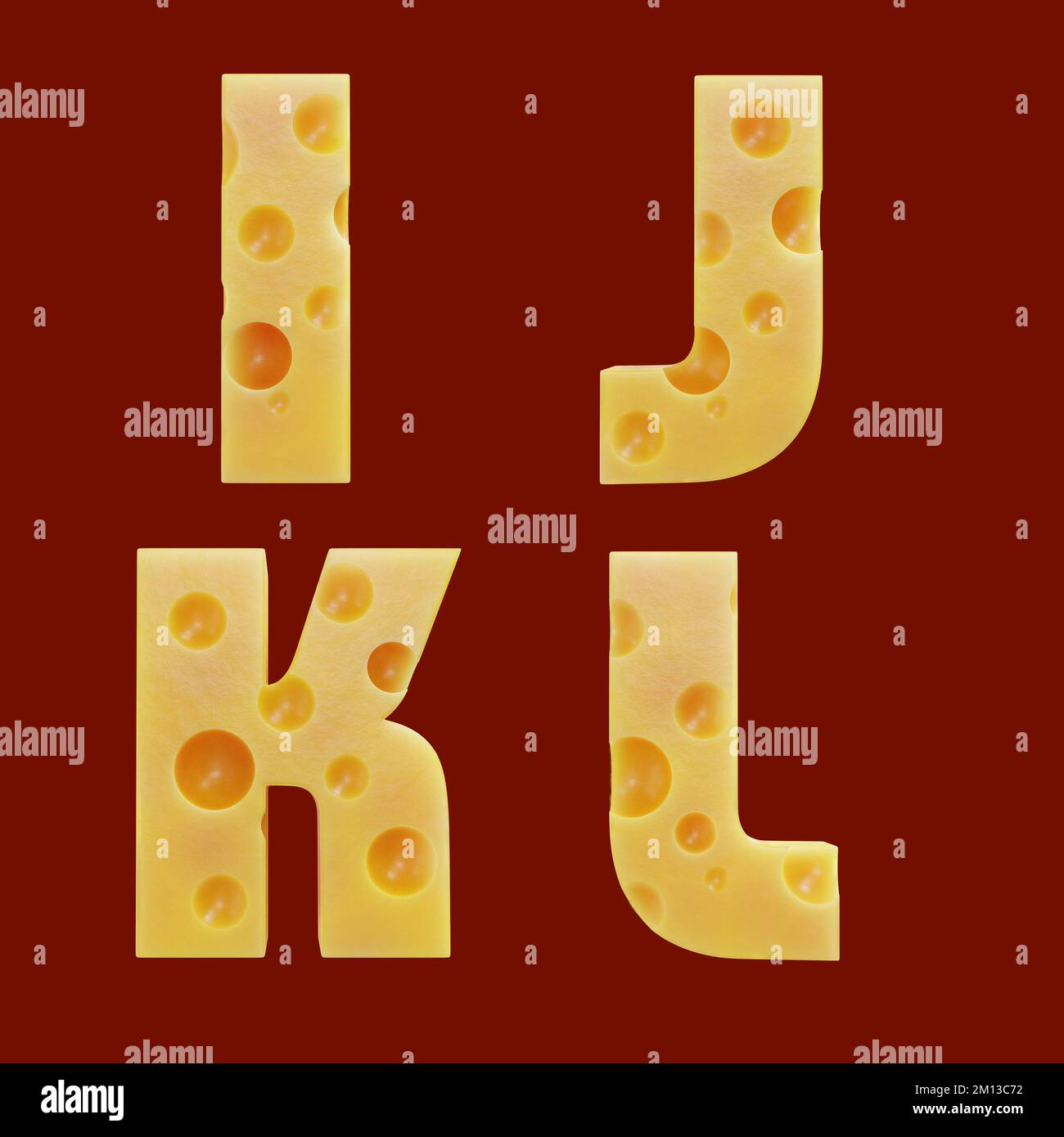 3D rendering of cheese alphabet - letters I-L Stock Photo