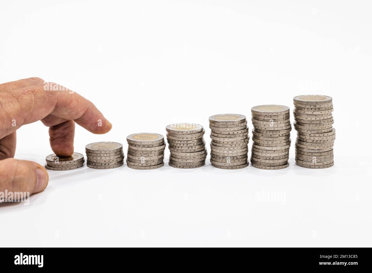 Fingers step on piles of coins in ascending order. Business, success ...