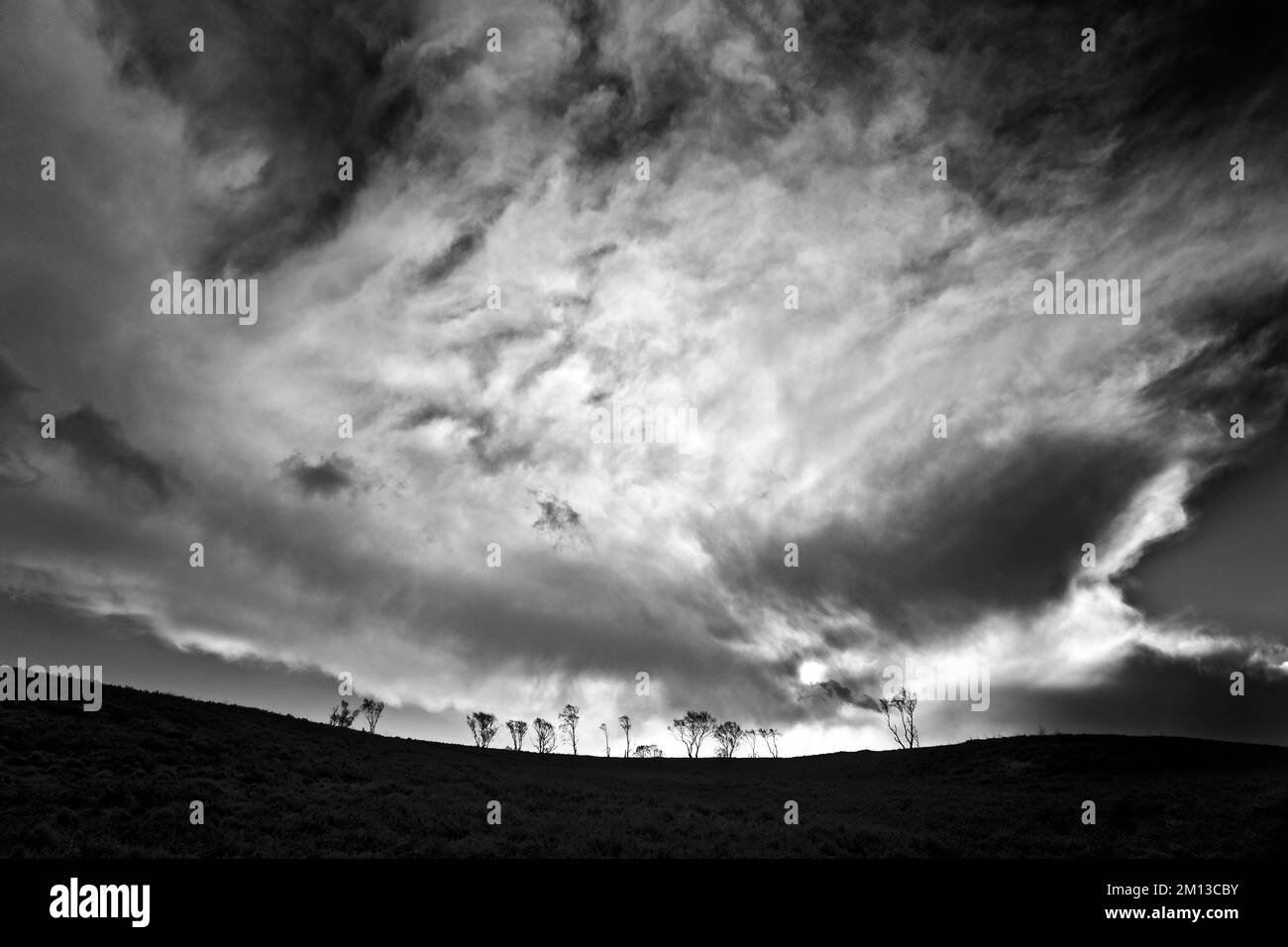 Black and white photograph with stormy sky in winter over heathland on