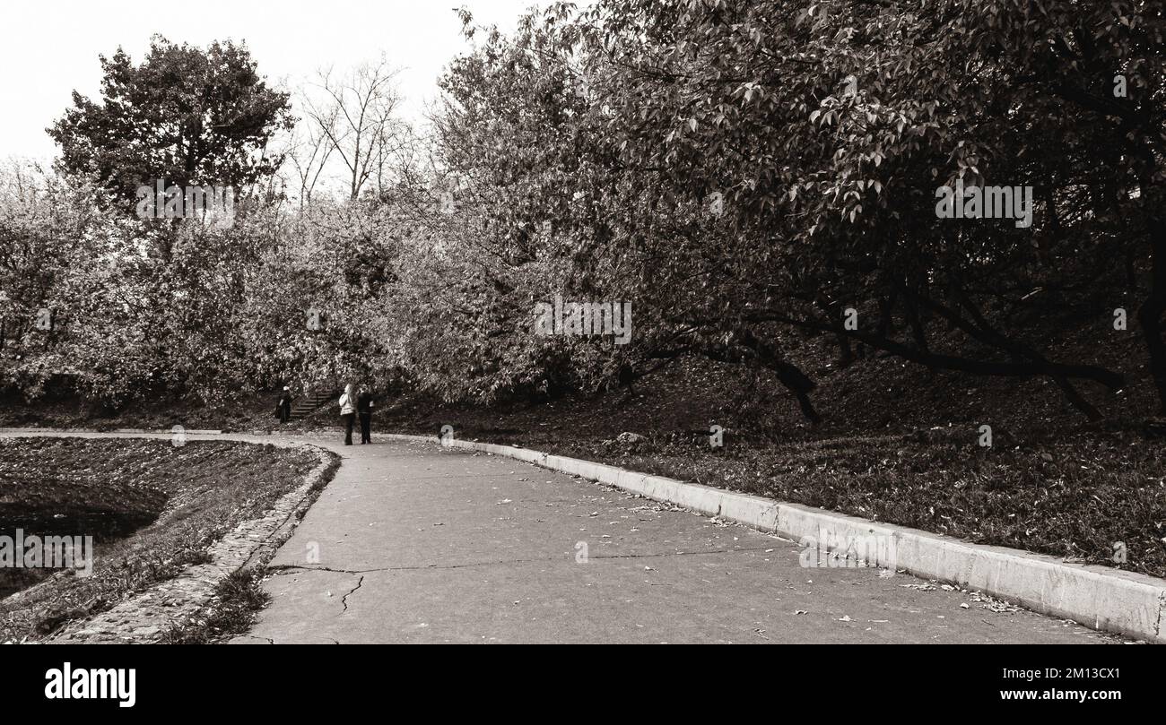 people walking along urban park walkway Stock Photo - Alamy