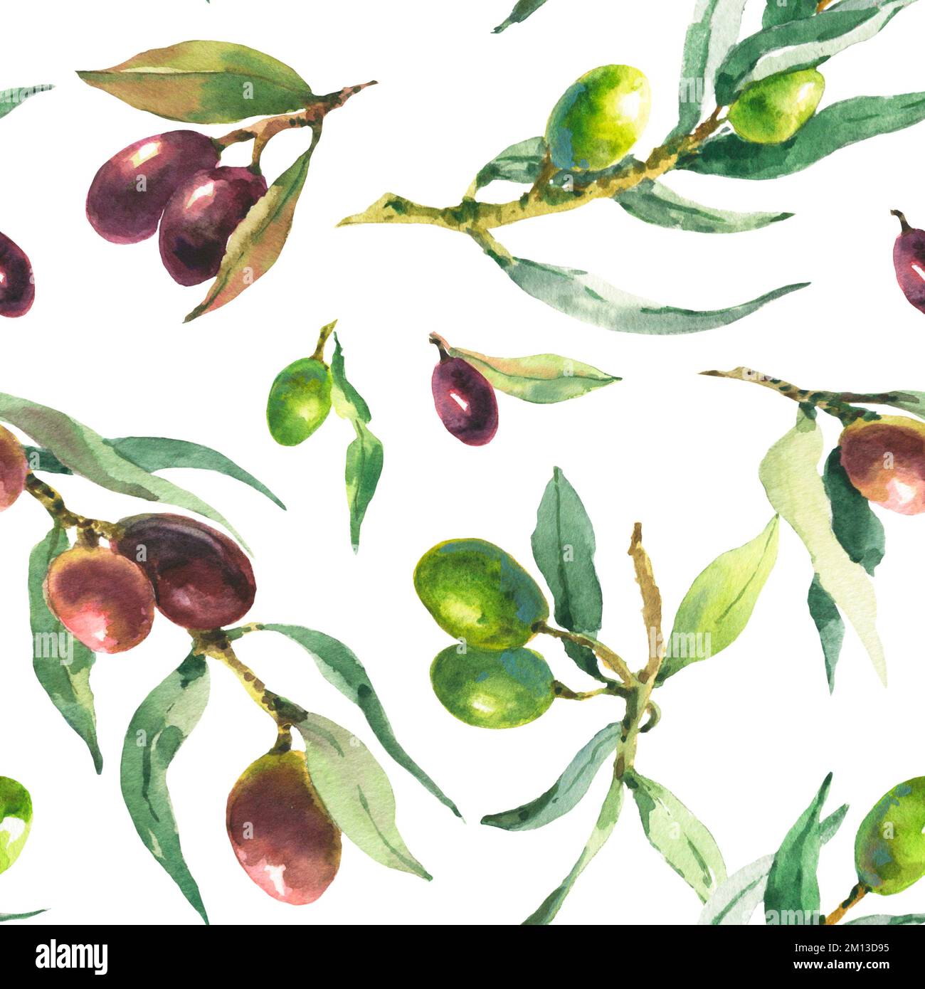 Watercolor seamless pattern of green and black olive branches on a ...