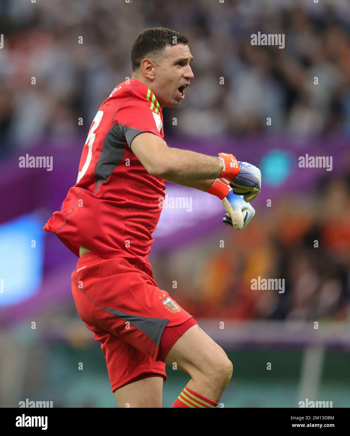 Doha, Katar. 09th Dec, 2022. firo : December 9th, 2022, Football, Soccer, FIFA WORLD CUP 2022 QATAR, World Cup 2022 Qatar, World Cup 2022 Qatar, Quarterfinals, Netherlands - Argentina jubilation Emiliano Martínez, Argentina, after goal by penalty kick to 0:2 Credit: dpa/Alamy Live News Stock Photo