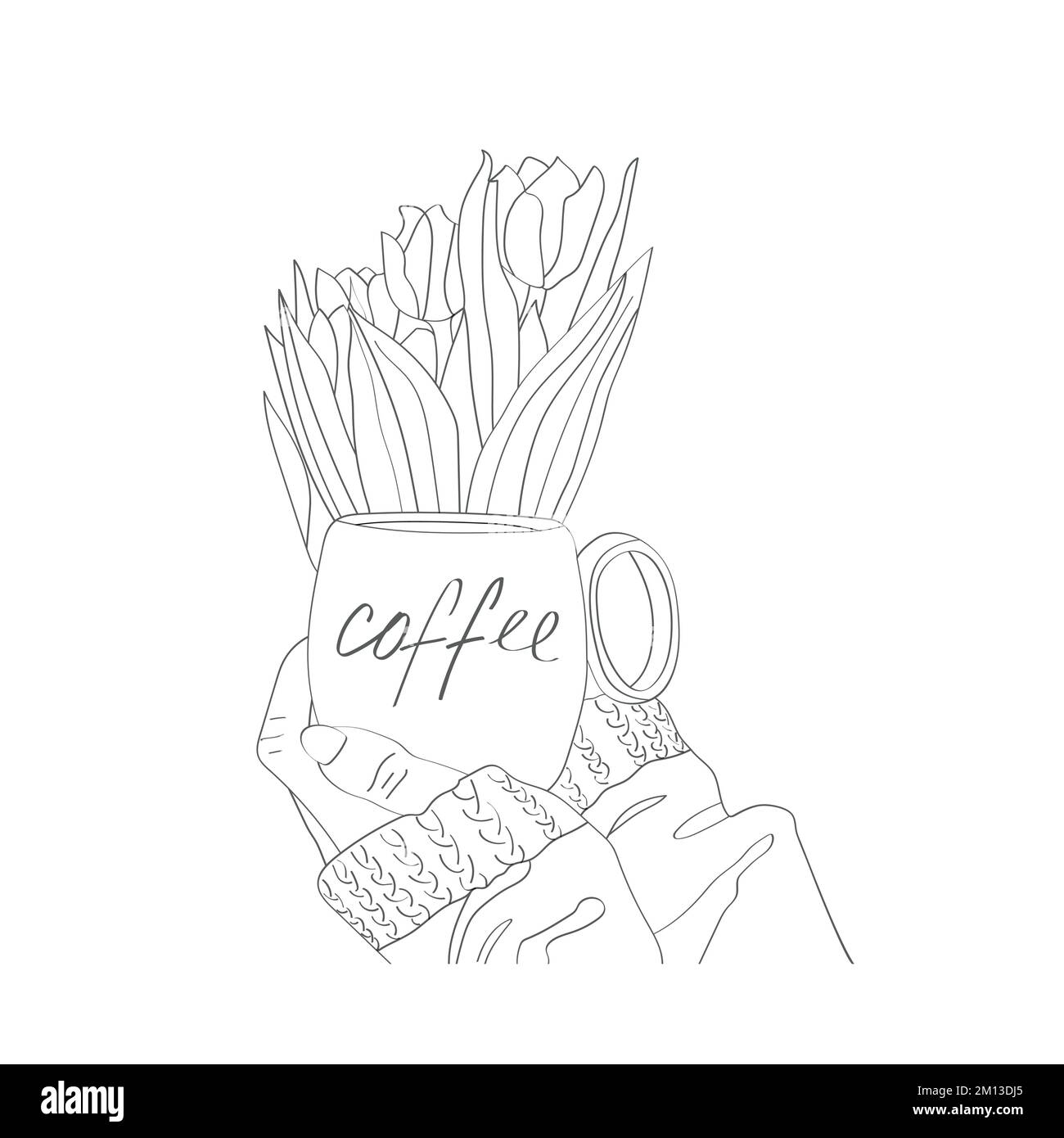 Cup in hands and flowers tulips. Vector coloring book in sketch style. Stock Vector