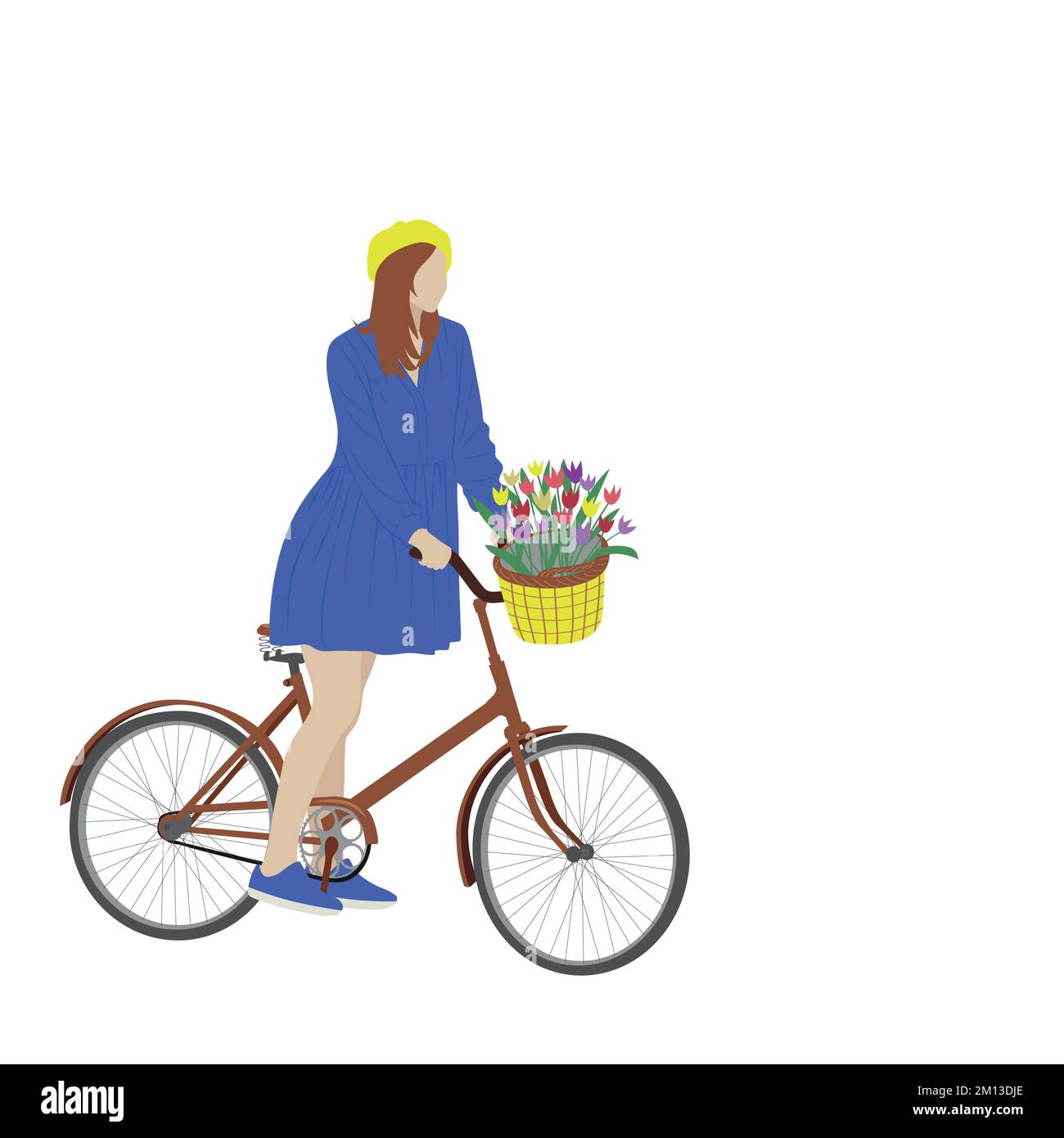 Girl with a bicycle and flowers. Vector illustration. Stock Vector