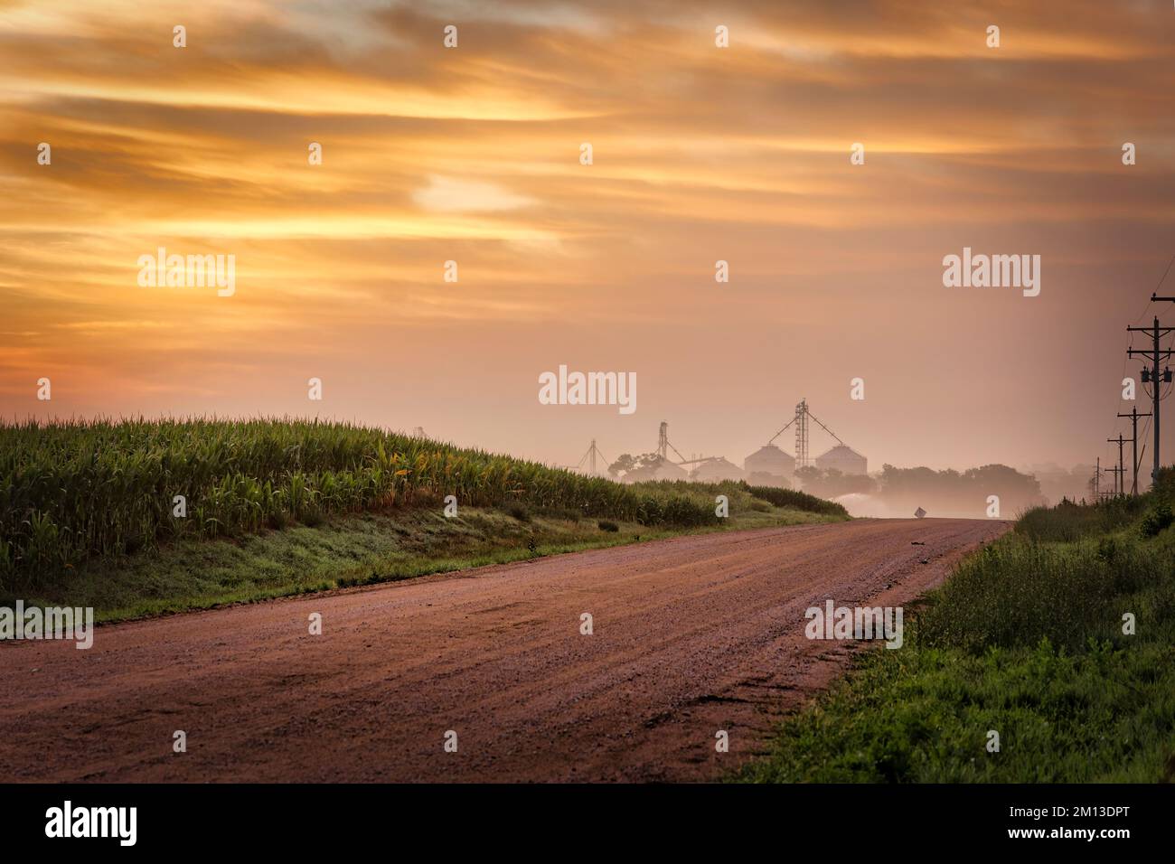 Early morning on a dirt road, with hills and cornfields, near Seward, Nebraska. Stock Photo