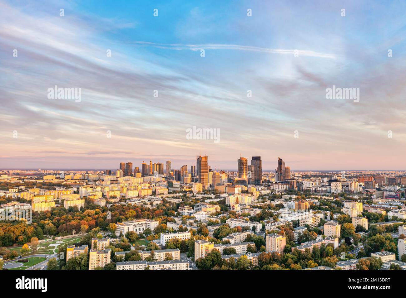 Twilight over the city, aerial landscape of Warsaw, capital of Poland ...