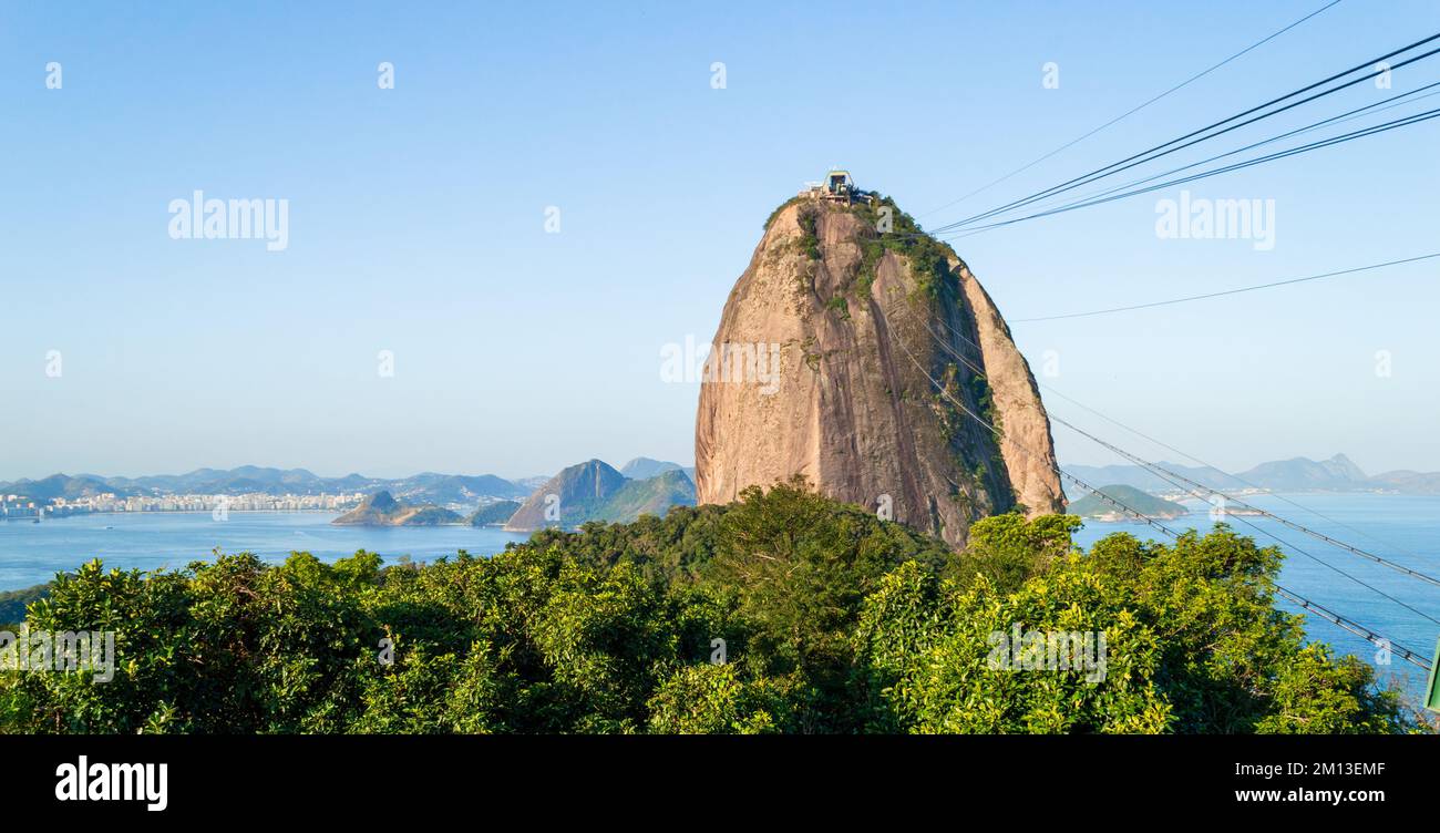 Sugar loaf mountain and its gondola close up in Rio de Janeiro, Brazil