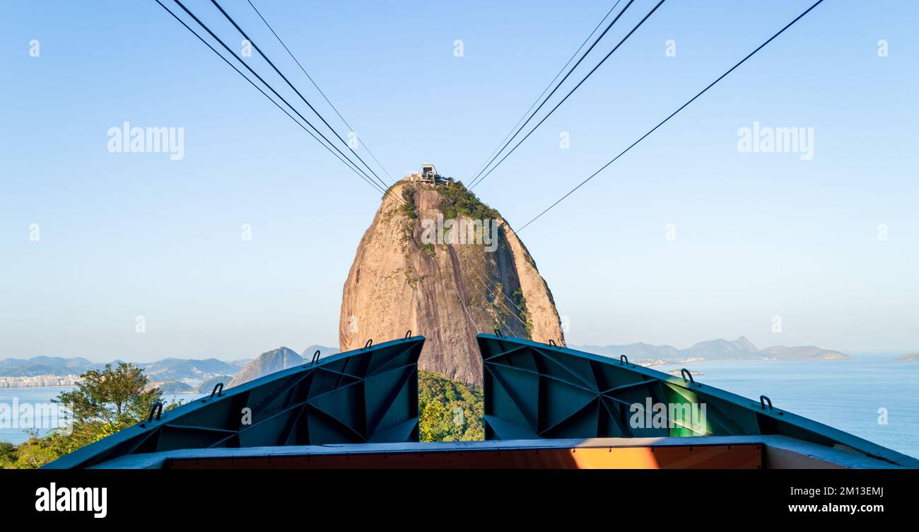 Sugar loaf mountain and its gondola close up in Rio de Janeiro, Brazil
